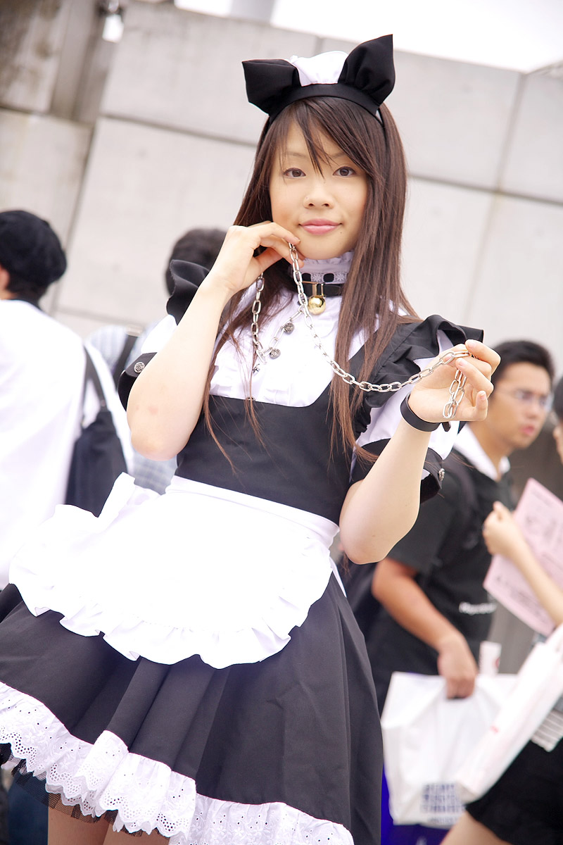 pochi (model), highres, photo (medium), animal ears, apron, cat ears, collar, cosplay, leash, maid, maid apron