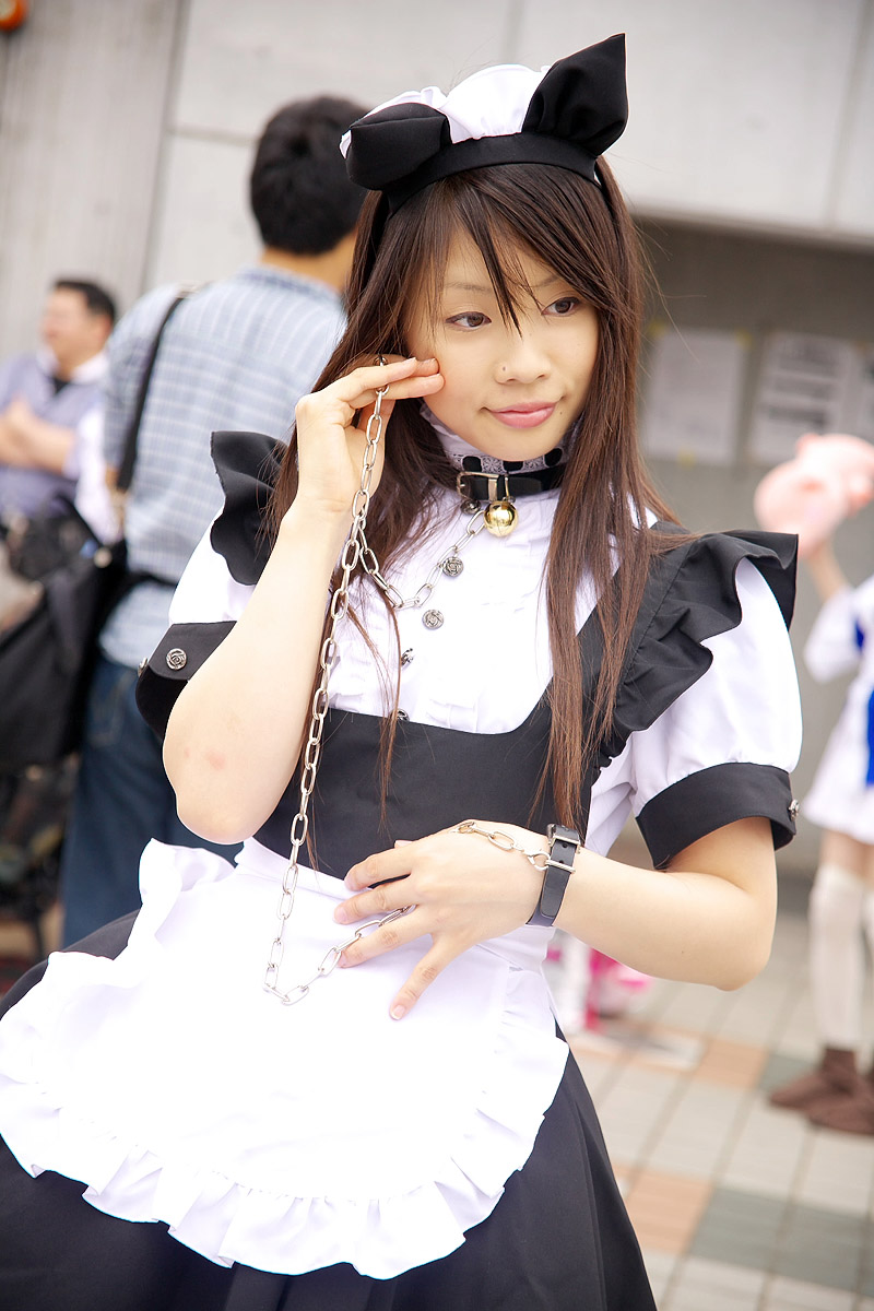 pochi (model), highres, photo (medium), animal ears, apron, cat ears, collar, cosplay, leash, maid, maid apron