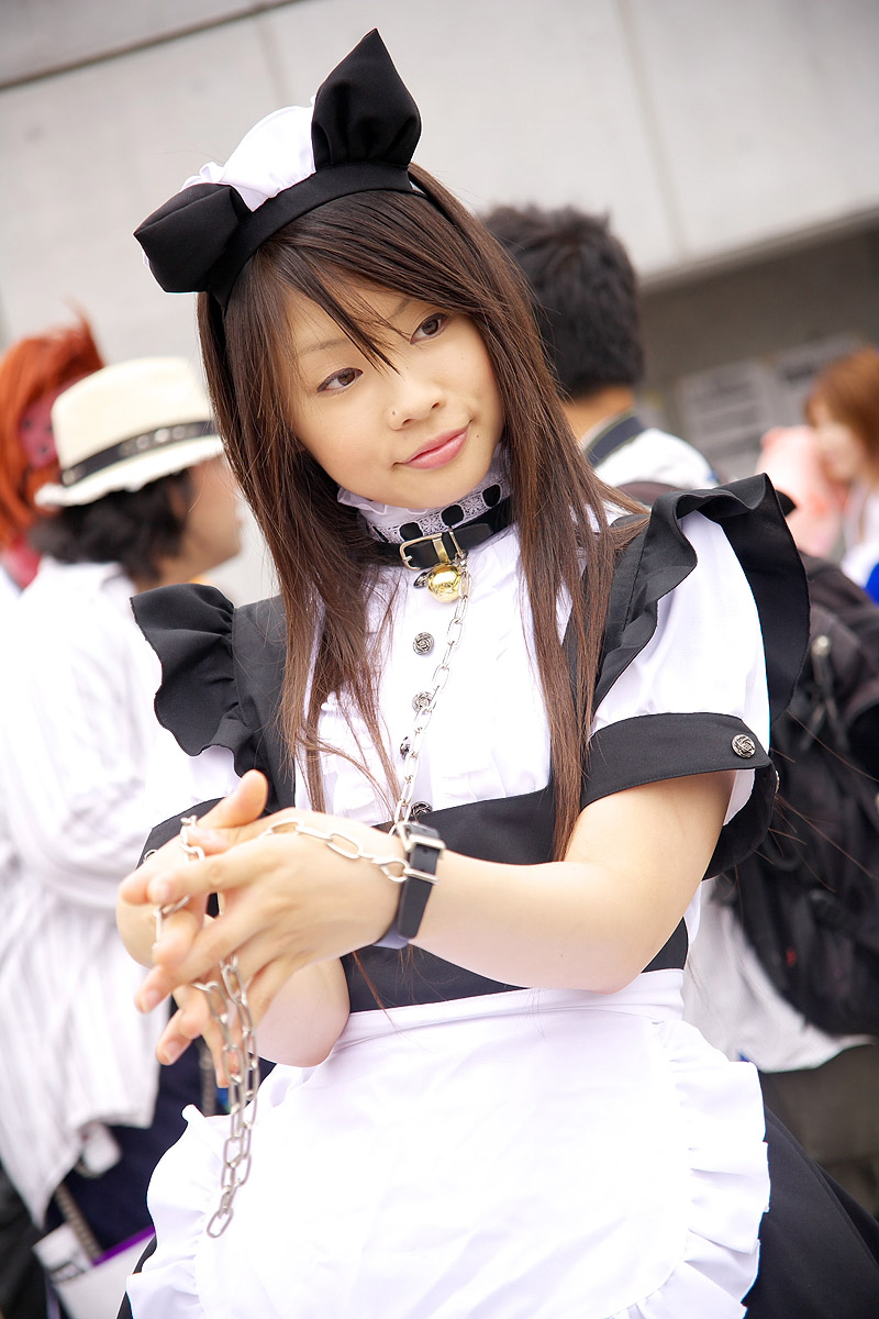 pochi (model), highres, photo (medium), animal ears, apron, cat ears, collar, cosplay, leash, maid, maid apron