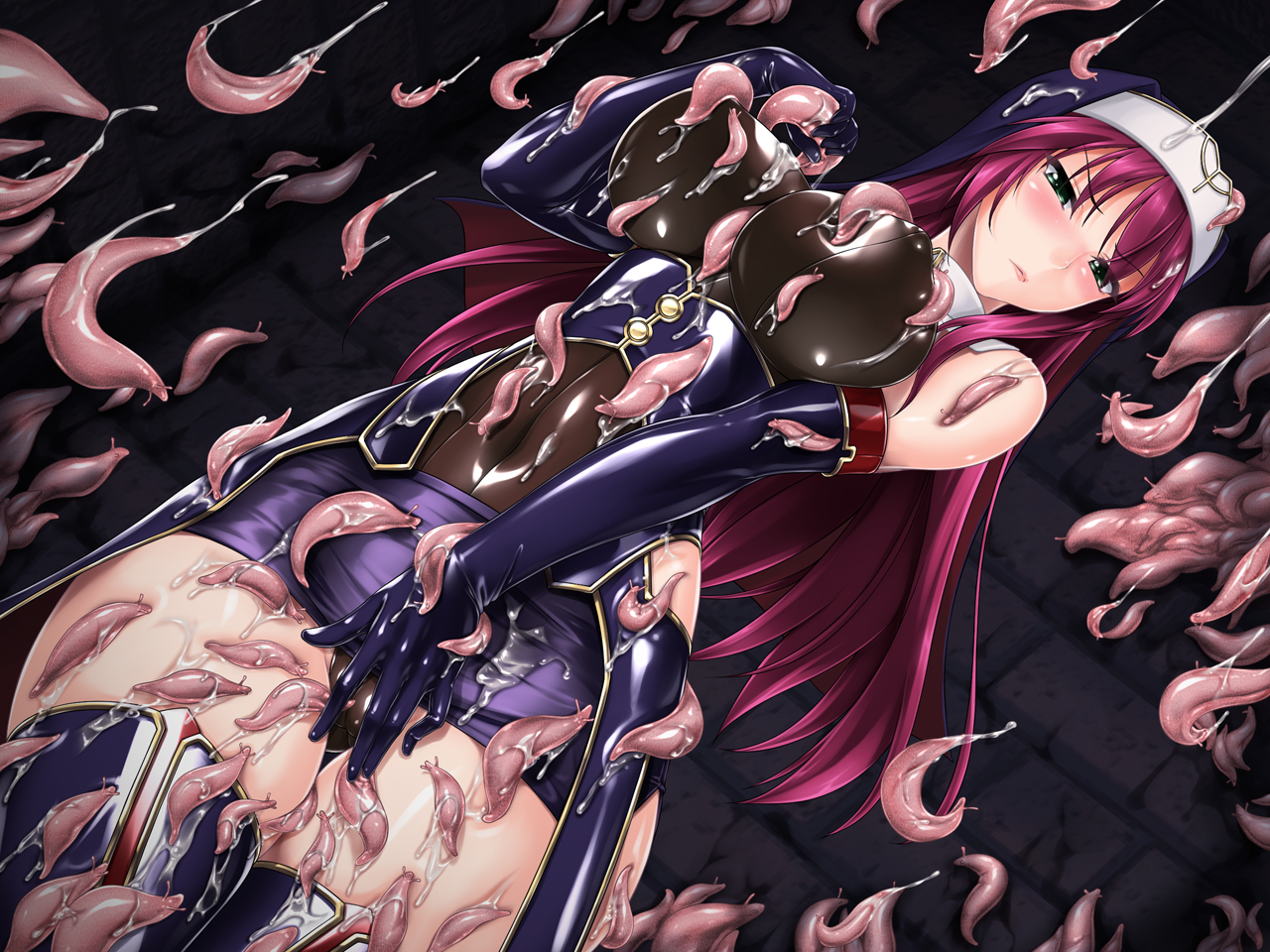rindou (radical dream), game cg, non-web source, official art, variant set, 1girl, bare shoulders, black thighhighs, blush, boots, breasts, bukkake, cameltoe, covered erect nipples, covered navel, covering privates, cowboy shot, cum, cum on body, cum on clothes, dutch angle, elbow gloves, frown, gloves, green eyes, highleg, highleg leotard, large breasts, latex, leotard, liese heldebrand, long hair, looking at viewer, miniskirt, nengoku no liese, nun, purple hair, purple thighhighs, see-through clothes, shiny clothes, skin tight, skirt, slime (substance), slug, solo, standing, tentacles, tentacles under clothes, thigh boots, thigh gap, thighhighs, thighs, through clothes, very long hair