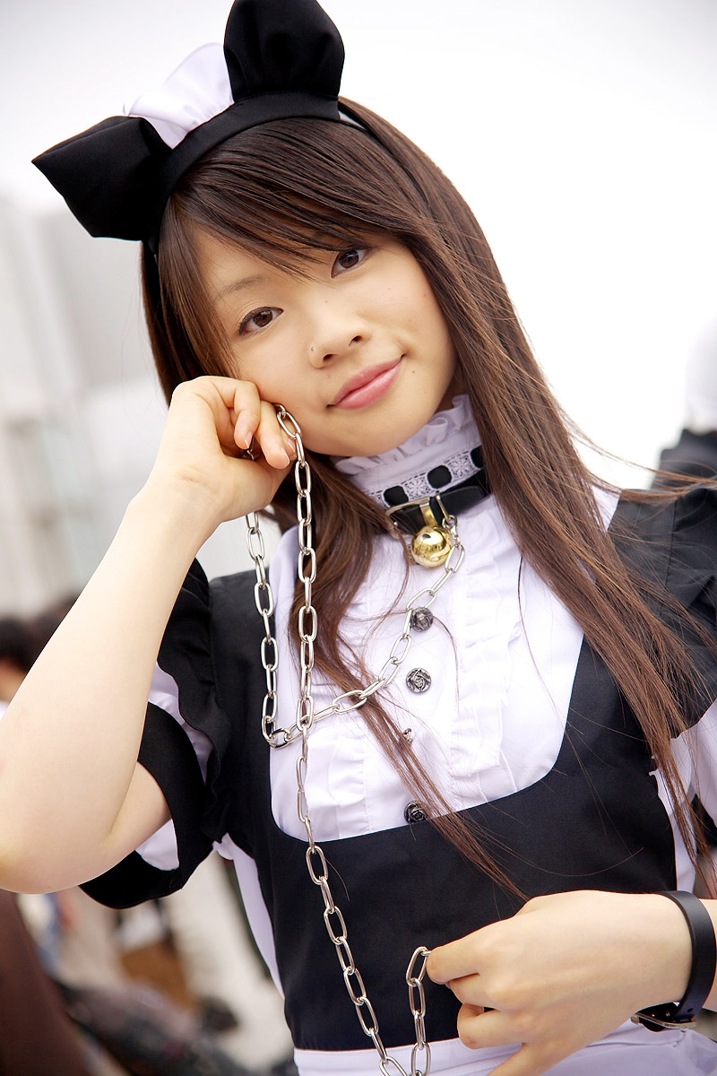 pochi (model), highres, photo (medium), animal ears, apron, cat ears, collar, cosplay, leash, maid, maid apron