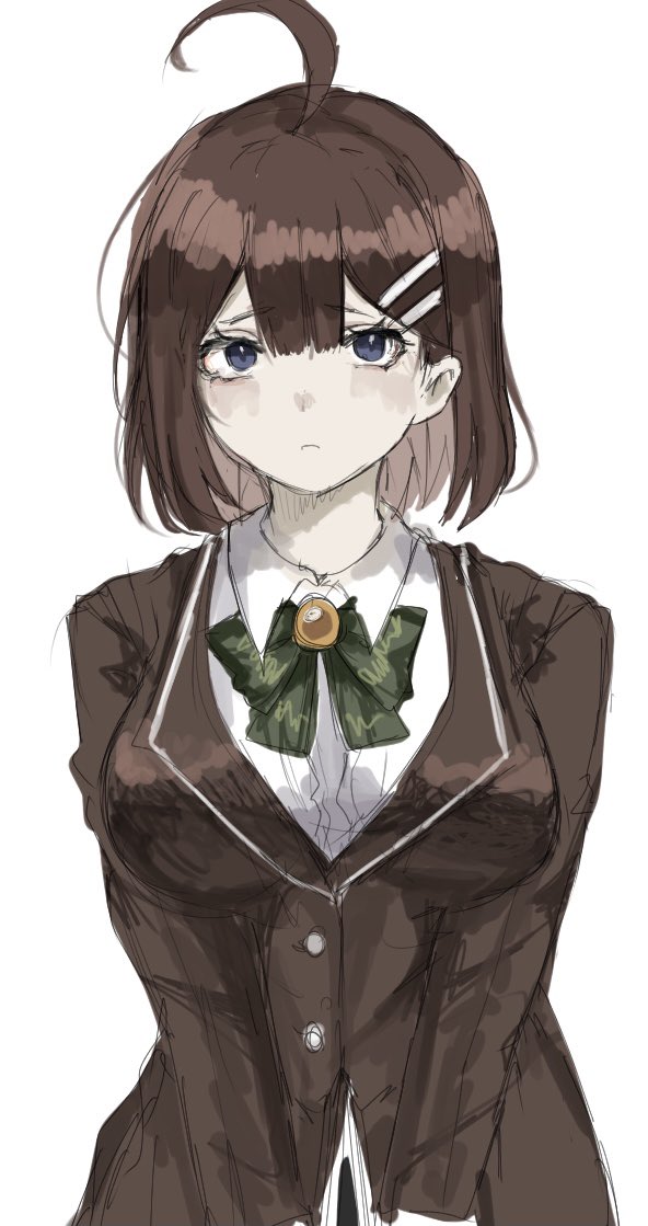 akaimo (akaimokou), hod (project moon), library of ruina, project moon, 1girl, ahoge, blue eyes, bow, bowtie, breasts, brown coat, brown hair, coat, collared shirt, green bow, green bowtie, hair ornament, hairclip, large breasts, long sleeves, looking at viewer, medium hair, shirt, simple background, solo, upper body, white background, white shirt, yellow brooch