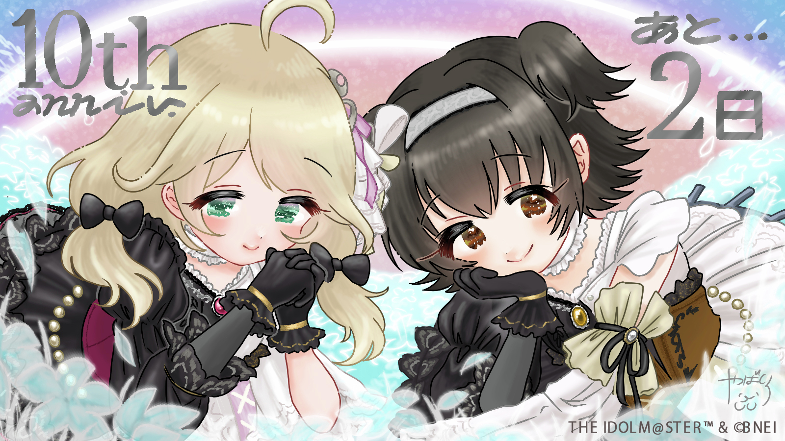 yabai (artist), akagi miria, yusa kozue, idolmaster, idolmaster cinderella girls, idolmaster cinderella girls starlight stage, idolmaster cinderella girls u149, highres, ahoge, black hair, blonde hair, blush, brown eyes, countdown illustration, gloves, green eyes, low twintails, smile, twintails, two side up