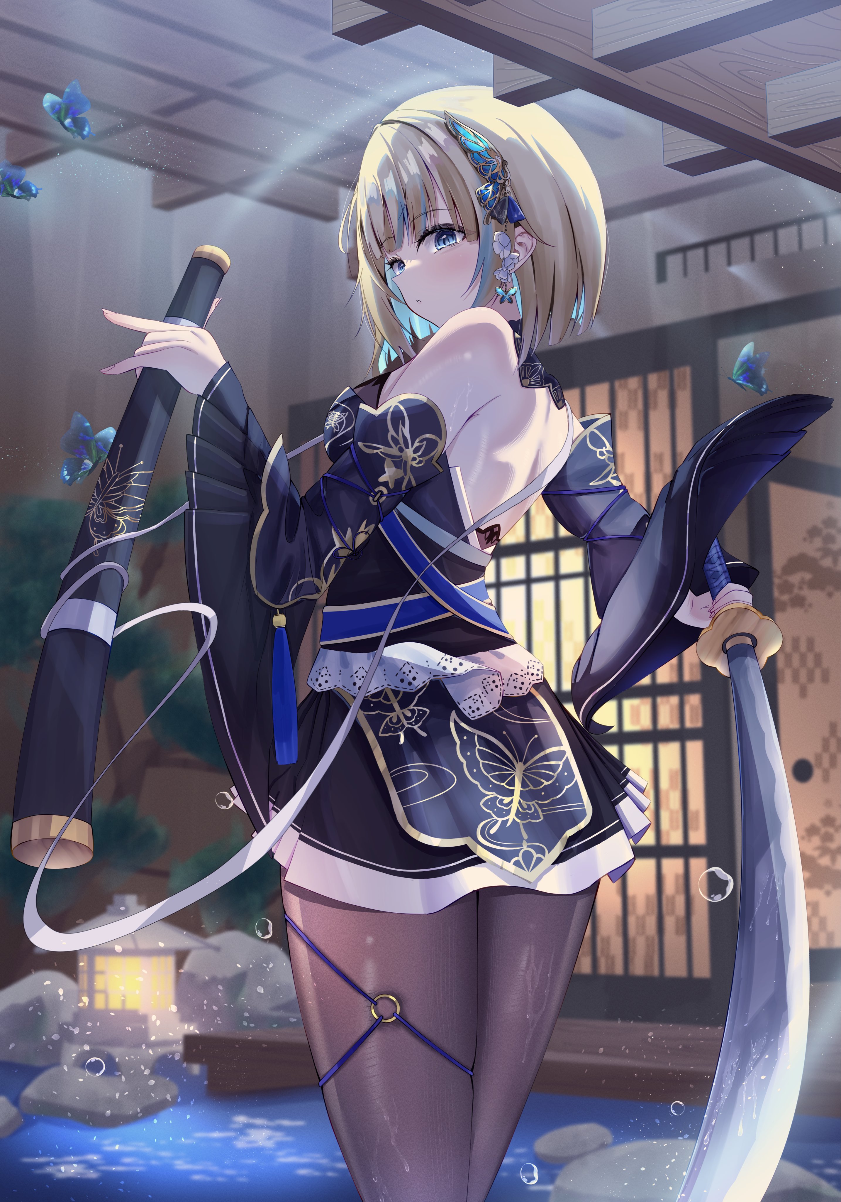 oring, aizawa ema, aizawa ema (5th costume), vspo!, absurdres, highres, 1girl, agemaki knot, animal print, aqua hair, aqua streaks, architecture, backless kimono, bare shoulders, black pantyhose, blonde hair, blue butterfly, blue eyes, blue kimono, blue sash, bug, butterfly, butterfly earrings, butterfly hair ornament, butterfly print, chokutou, colored inner hair, detached sleeves, earrings, east asian architecture, furisode sleeves, fusuma, garden, gradient hair, hair ornament, holding, holding sheath, insect, japanese clothes, jewelry, kimono, kimono dress, lantern, long sleeves, looking back, multicolored hair, night, o-ring, o-ring thigh strap, obi, obi spin, pantyhose, paper lantern, pleated skirt, pleated sleeves, print kimono, sash, sheath, short hair, skirt, sleeveless, sleeveless kimono, sliding doors, solo, streaked hair, sword, thigh strap, thighs, ulooon11, unsheathed, virtual youtuber, weapon