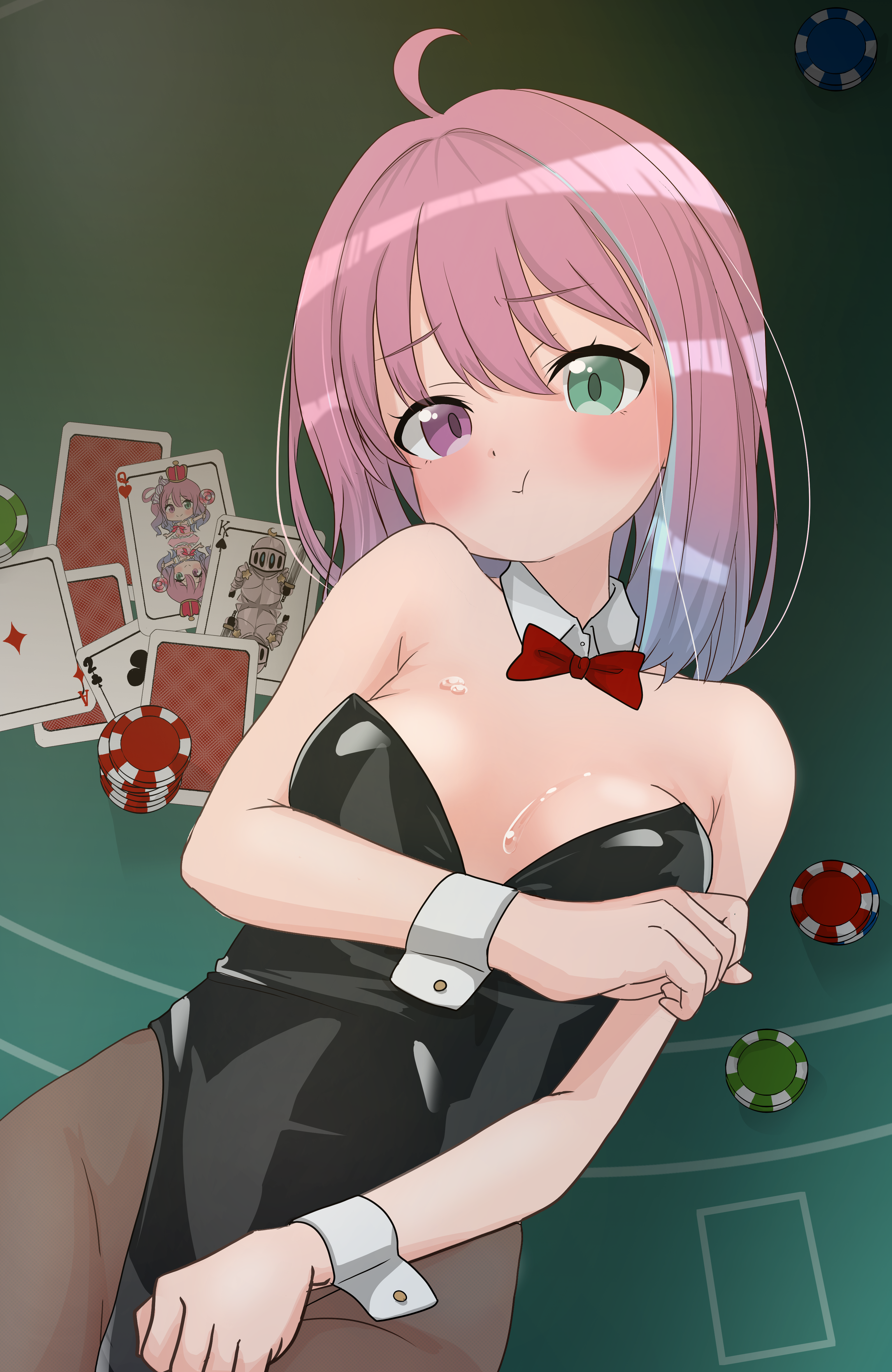 fujimaroni, himemori luna, hololive, absurdres, highres, 1girl, ahoge, bare shoulders, black leotard, black pantyhose, blush, bow, bowtie, breasts, card, casino card table, detached collar, heterochromia, highleg, highleg leotard, leotard, long hair, lying, on back, pantyhose, pink hair, playing card, poker chip, pout, red bow, red bowtie, solo, strapless, strapless leotard, sweat, table, virtual youtuber, wrist cuffs