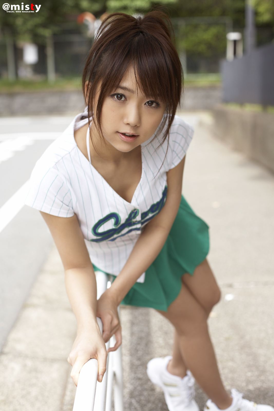 amano ai (model), pure idol, highres, photo (medium), tagme, baseball jersey, jersey, pleated skirt, skirt
