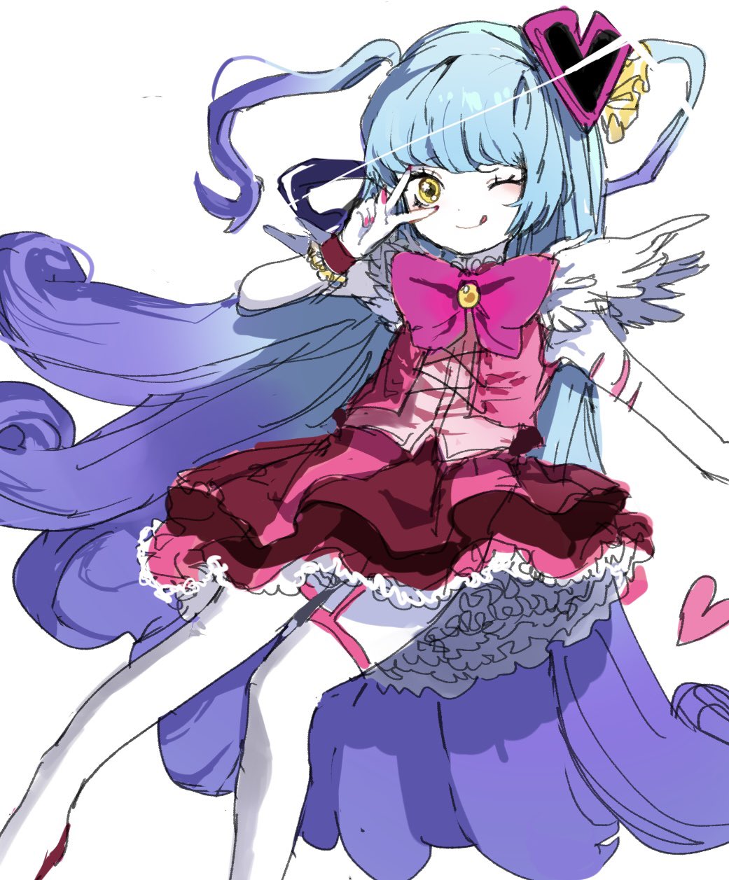 akaimo (akaimokou), queen of hatred, lobotomy corporation, project moon, highres, 1girl, blue hair, bow, bowtie, full body, gradient hair, hair ornament, heart, heart hair ornament, long hair, looking at viewer, magical girl, multicolored hair, one eye closed, pink bow, pink bowtie, pink garter straps, pink nails, pink shoes, pink skirt, pink vest, purple hair, shoes, simple background, skirt, solo, standing, striped clothes, striped skirt, thighhighs, tongue, tongue out, two side up, v, vertical-striped clothes, vertical-striped skirt, vest, white background, white thighhighs, yellow eyes