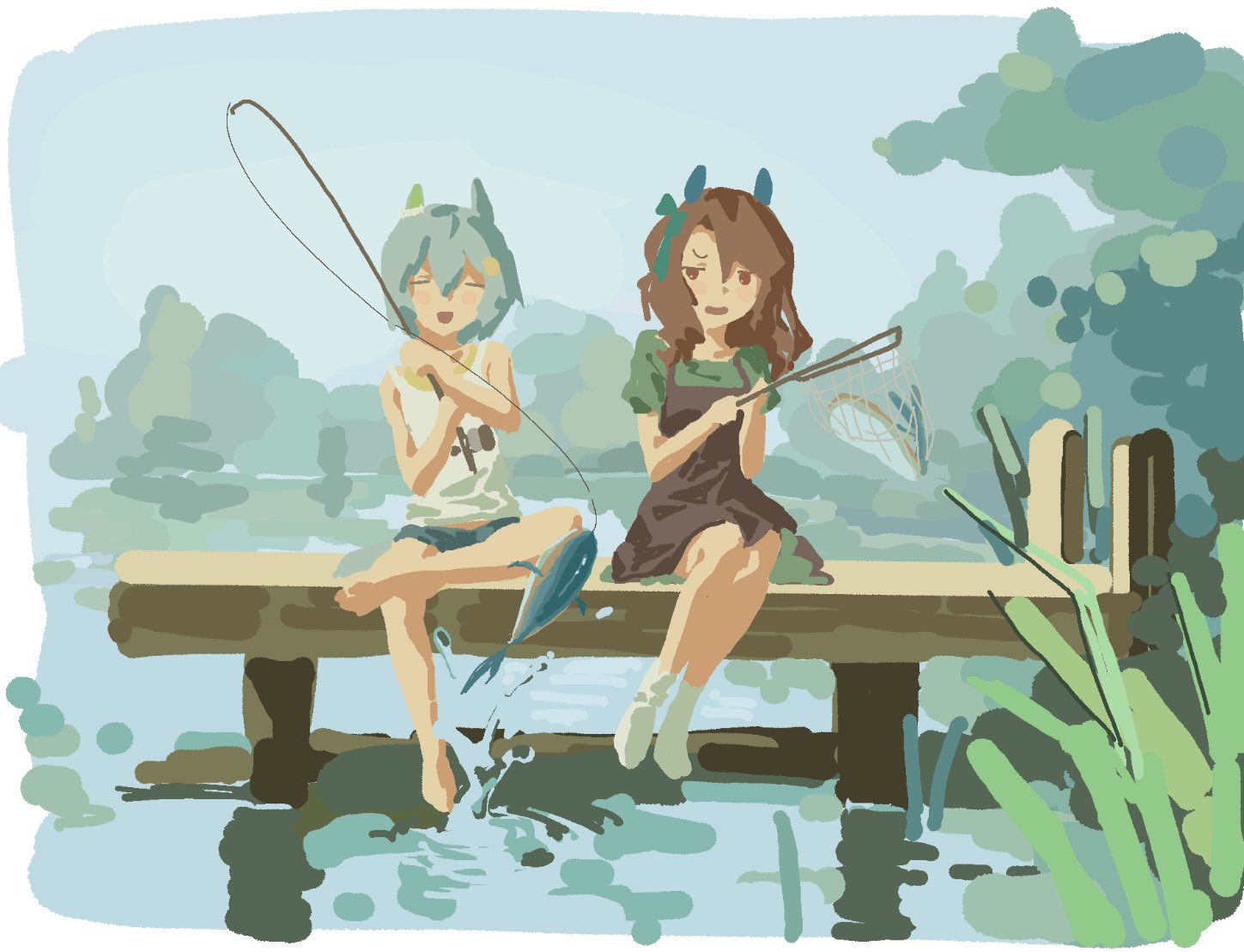 king halo (umamusume), seiun sky (umamusume), umamusume, animal ears, bare shoulders, barefoot, black dress, blue shorts, blush, bow, brown hair, closed eyes, dock, dress, ear bow, ear covers, ear ribbon, fish, fishing, fishing net, fishing rod, flower, green bow, green dress, hair flower, hair ornament, hairclip, hand net, holding, holding fishing rod, holding net, horse ears, horse girl, lake, long hair, multiple girls, net, open mouth, outdoors, red eyes, short hair, short sleeves, shorts, sitting, smile, socks, sunflower, sunflower hair ornament, tank top, water, white socks, white tank top, yawndooyu