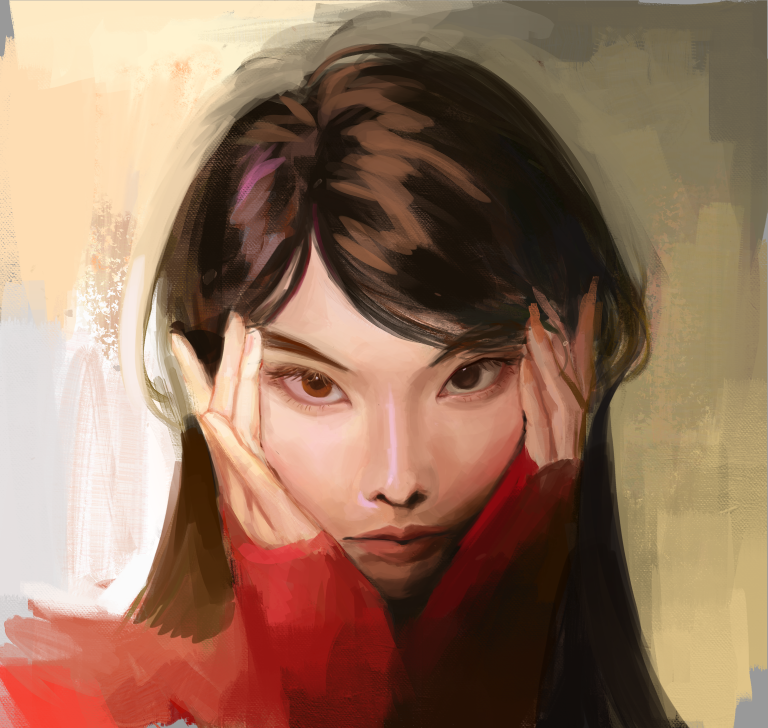 zzzbookwormzzz, original, commentary, english commentary, 1girl, brown eyes, brown hair, hands on own face, long hair, long sleeves, looking at viewer, painterly, solo, staring, straight-on