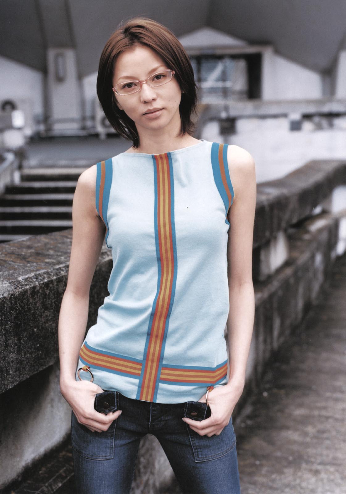 karina, highres, photo (medium), tagme, denim, glasses, jeans, pants, tank top