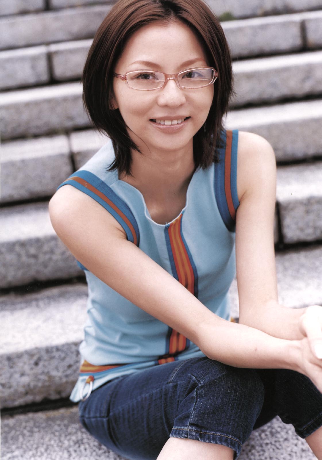 karina, highres, photo (medium), tagme, denim, glasses, jeans, pants, tank top