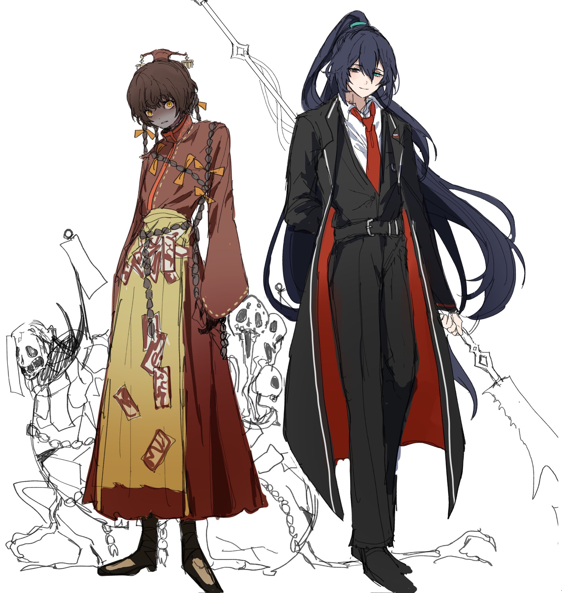 akaimo (akaimokou), hong lu (project moon), limbus company, project moon, highres, 2boys, black coat, black eyes, black hair, black pants, blue eyes, bow, braid, brown hair, chinese clothes, coat, collared shirt, colored skin, full body, grey skin, guan dao, guan hat, hair between eyes, hair bow, heterochromia, high ponytail, long hair, long sleeves, looking at viewer, male focus, multiple boys, multiple braids, multiple hair bows, necktie, orange bow, pants, polearm, ponytail, red necktie, red robe, robe, shirt, simple background, standing, talisman, weapon, white background, white shirt, xue pan (project moon), yellow eyes