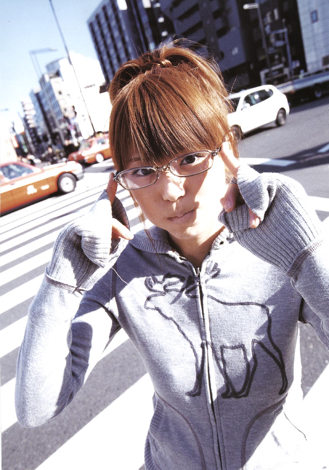 wakatasuki chinatsu, highres, photo (medium), tagme, glasses, hood, hoodie