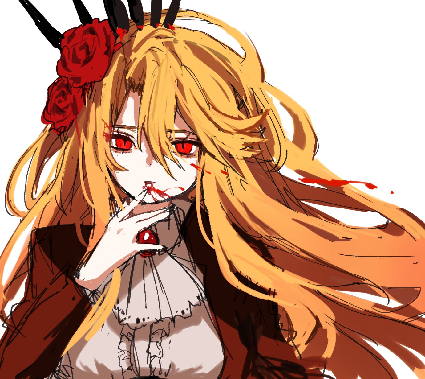 akaimo (akaimokou), don quixote (project moon), sancho (project moon), limbus company, project moon, highres, 1girl, ascot, black crown, blonde hair, blood, blood in hair, coat, collared shirt, crown, flower, gem, hair flower, hair ornament, head spikes, long hair, long sleeves, looking at viewer, red brooch, red coat, red eyes, red flower, red gemstone, red rose, rose, shirt, simple background, solo, upper body, white ascot, white background, white shirt, yearning-mircalla (e.g.o)