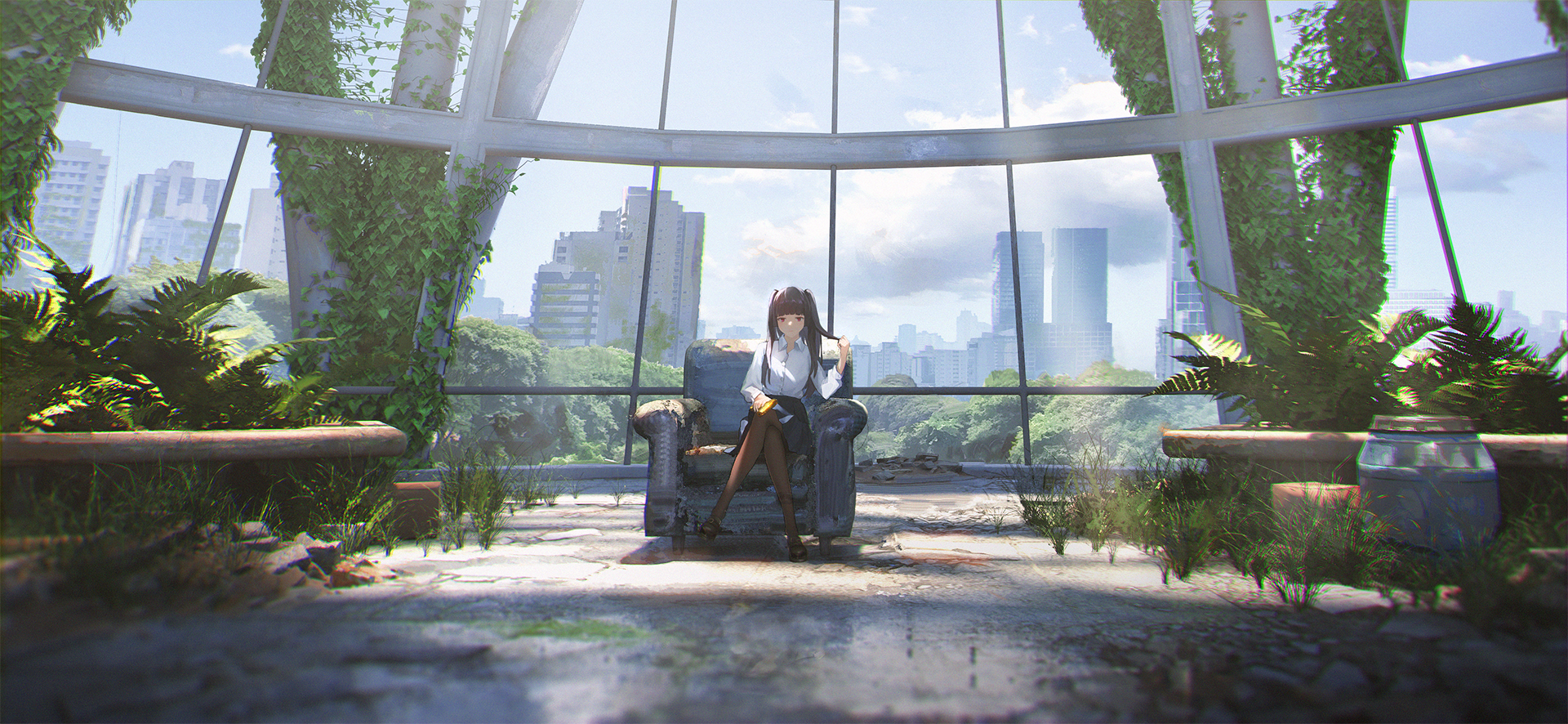 original, chinese commentary, commentary, commentary request, english commentary, highres, mixed-language commentary, 1girl, abandoned, black hair, black pantyhose, black skirt, building, cloud, cloudy sky, collared shirt, couch, crossed legs, day, fern, forest, indoors, light rays, long hair, looking at viewer, nature, on couch, overgrown, pantyhose, plant, scenery, shirt, sitting, skirt, sky, skyline, skyscraper, solo, sunbeam, sunlight, ten ken (s777666888), two side up, vines, white shirt, wide shot, window