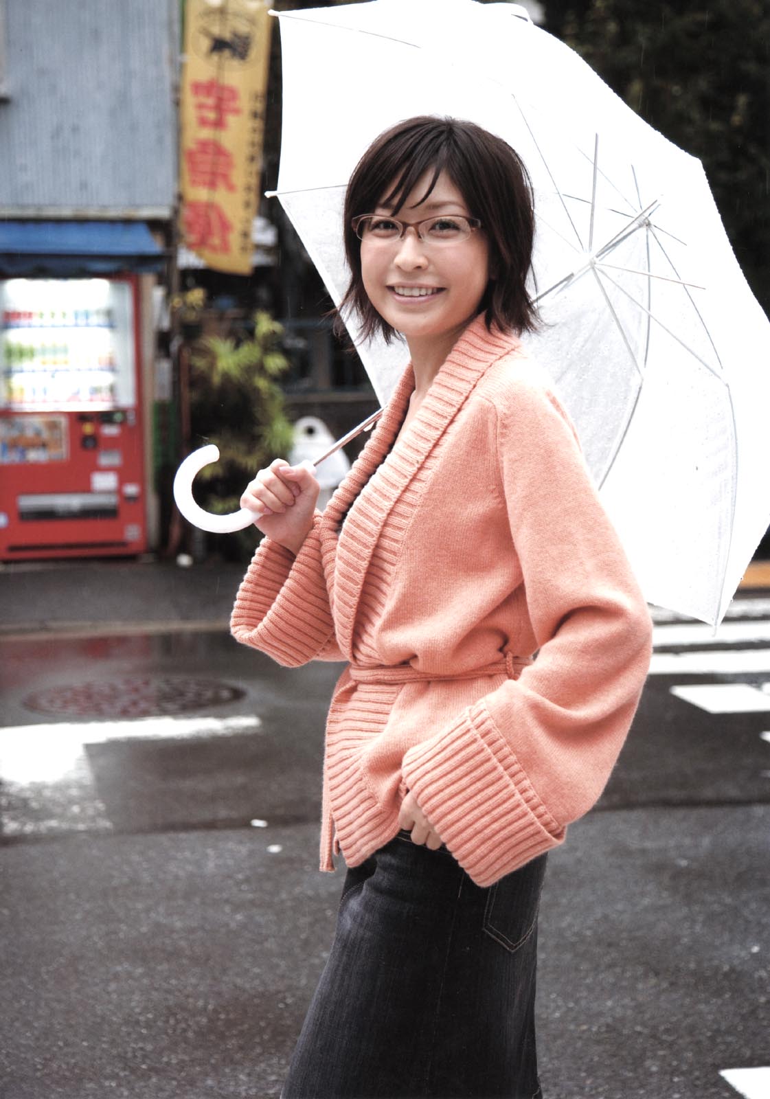ono mayumi, highres, photo (medium), asian, cardigan, denim, denim skirt, glasses, skirt, umbrella