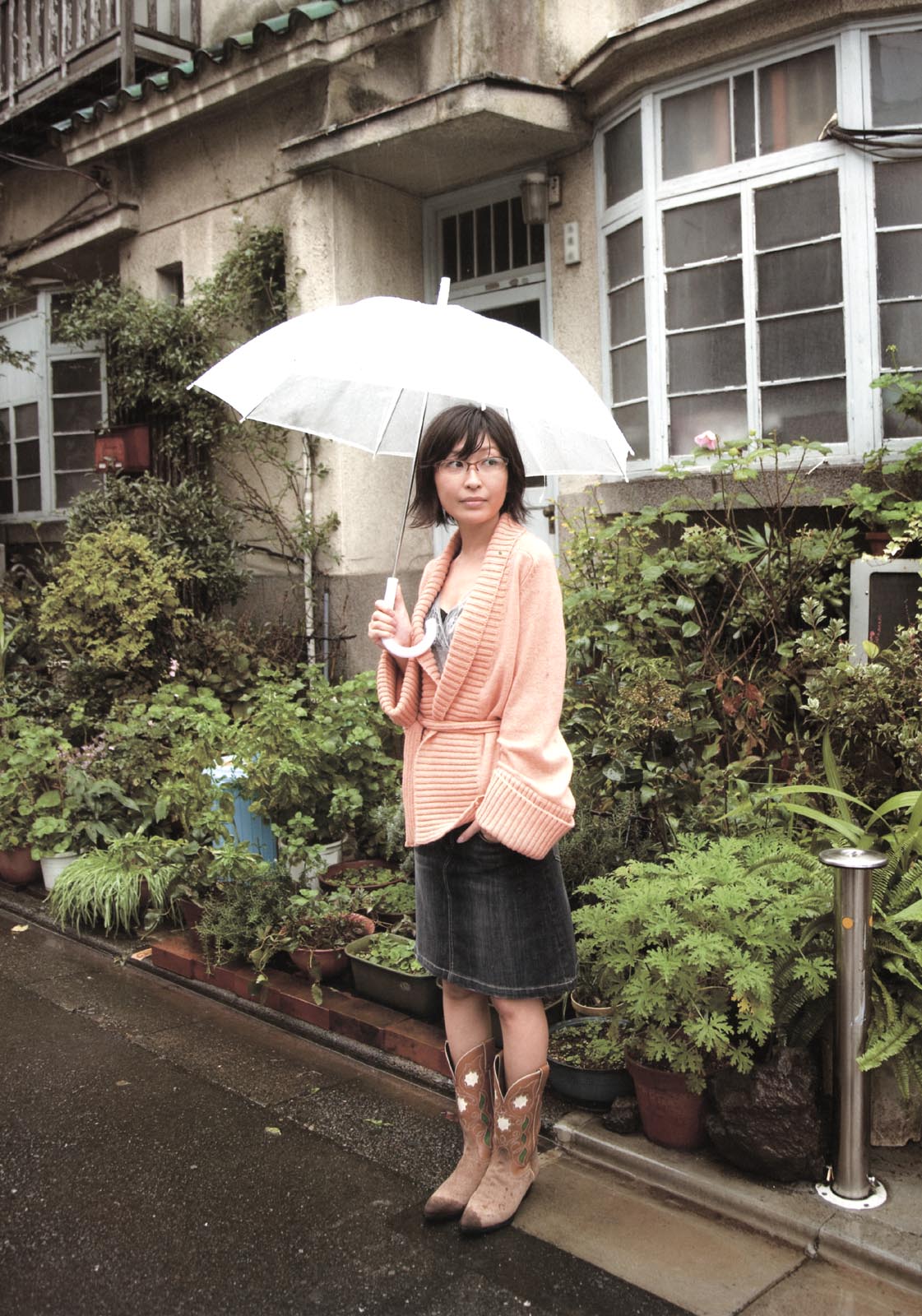 ono mayumi, highres, photo (medium), asian, cardigan, denim, denim skirt, glasses, skirt, umbrella