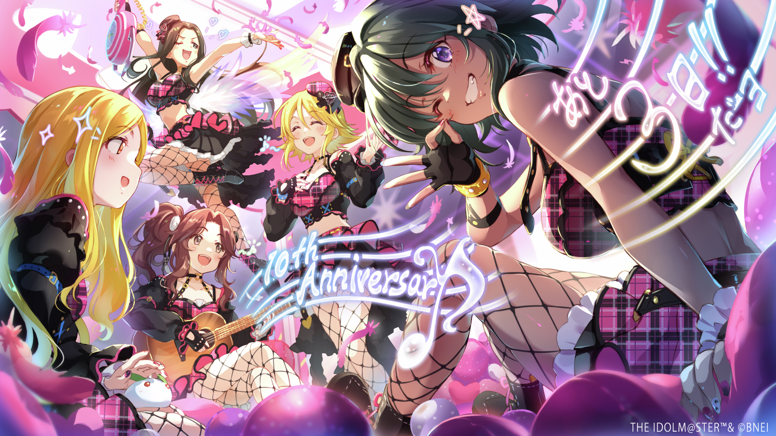 ariura kanna, helen (idolmaster), mochizuki hijiri, natalia (idolmaster), umeki otoha, idolmaster, idolmaster cinderella girls, idolmaster cinderella girls starlight stage, highres, acoustic guitar, blonde hair, blush, countdown illustration, dark skin, guitar, instrument, long hair, looking at viewer, multiple girls, purple eyes, red eyes, short hair, smile