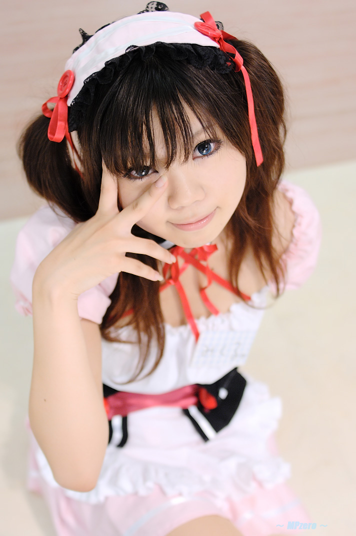 taku anko, asahina mikuru, suzumiya haruhi no yuuutsu, photo (medium), apron, cosplay, hair ribbon, ribbon, waitress, waitress uniform