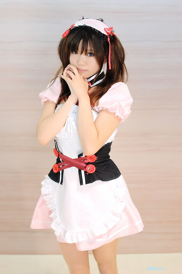 taku anko, asahina mikuru, suzumiya haruhi no yuuutsu, photo (medium), apron, cosplay, hair ribbon, ribbon, waitress, waitress uniform