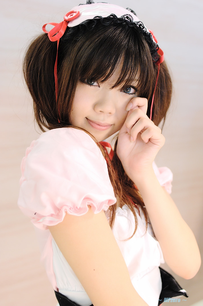 taku anko, asahina mikuru, suzumiya haruhi no yuuutsu, photo (medium), apron, cosplay, hair ribbon, ribbon, waitress, waitress uniform
