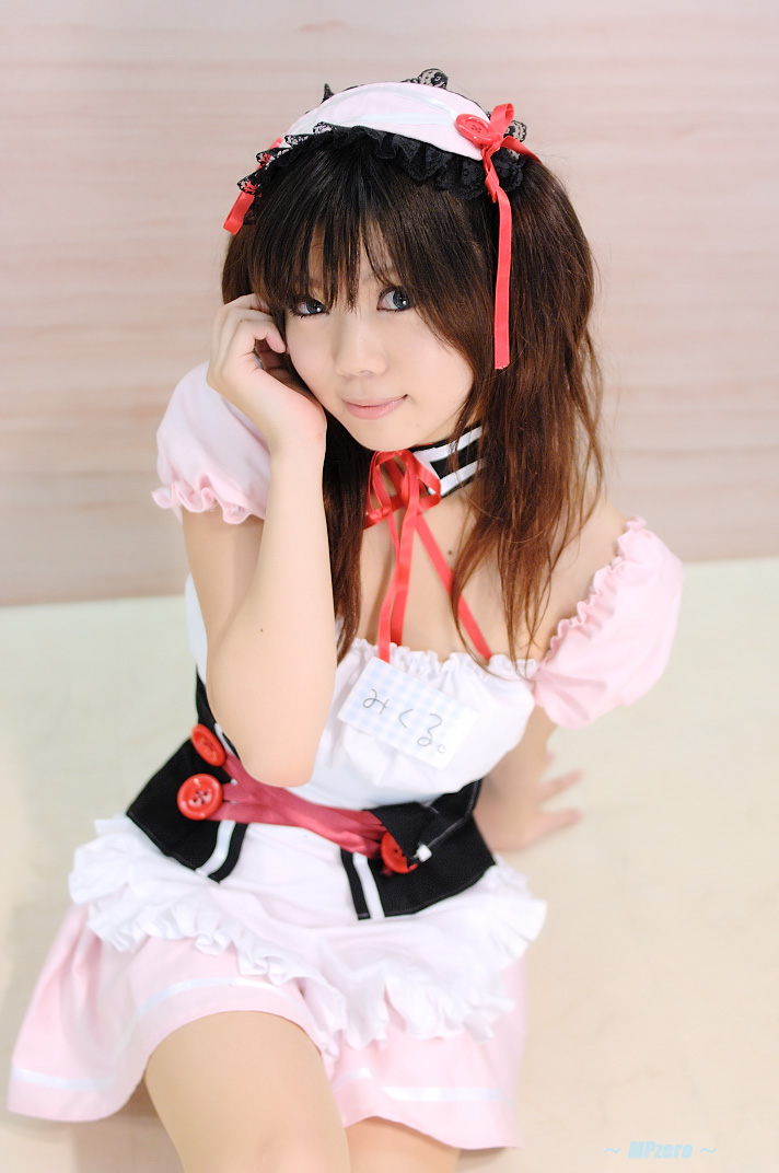 taku anko, asahina mikuru, suzumiya haruhi no yuuutsu, photo (medium), apron, cosplay, hair ribbon, ribbon, waitress, waitress uniform