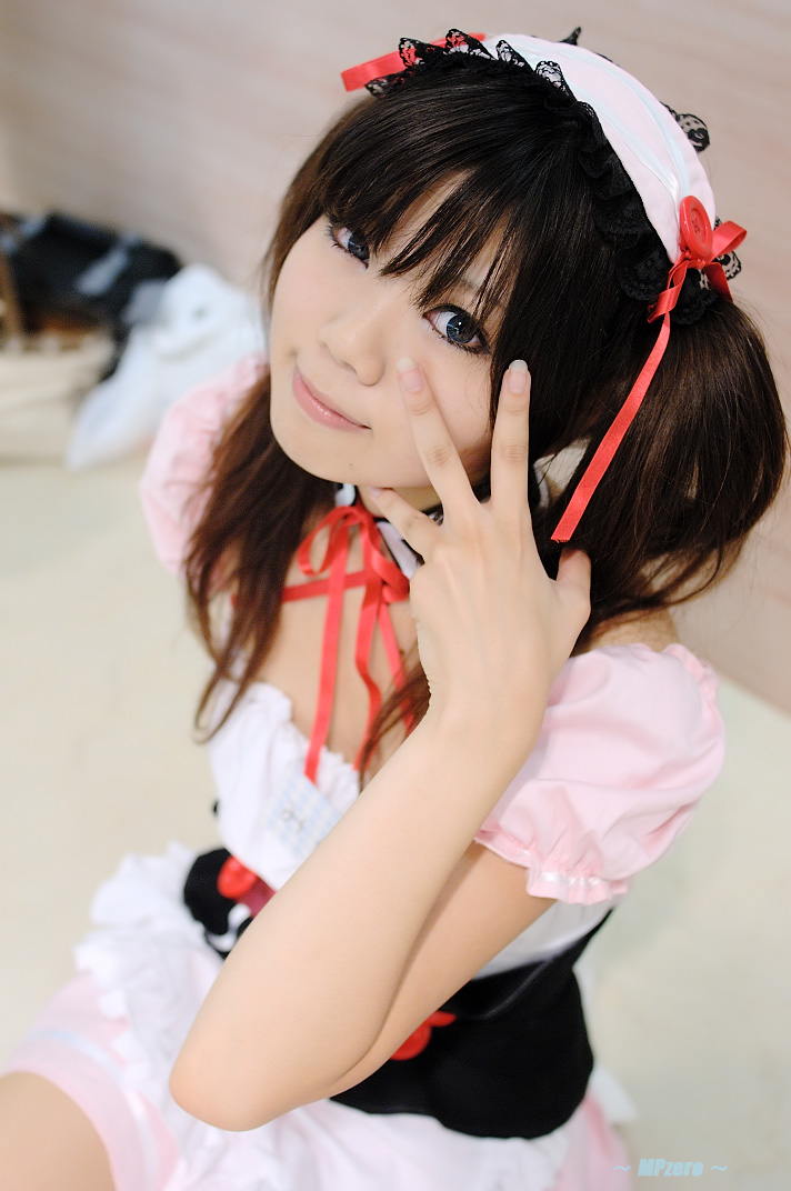 taku anko, asahina mikuru, suzumiya haruhi no yuuutsu, photo (medium), apron, cosplay, hair ribbon, ribbon, waitress, waitress uniform
