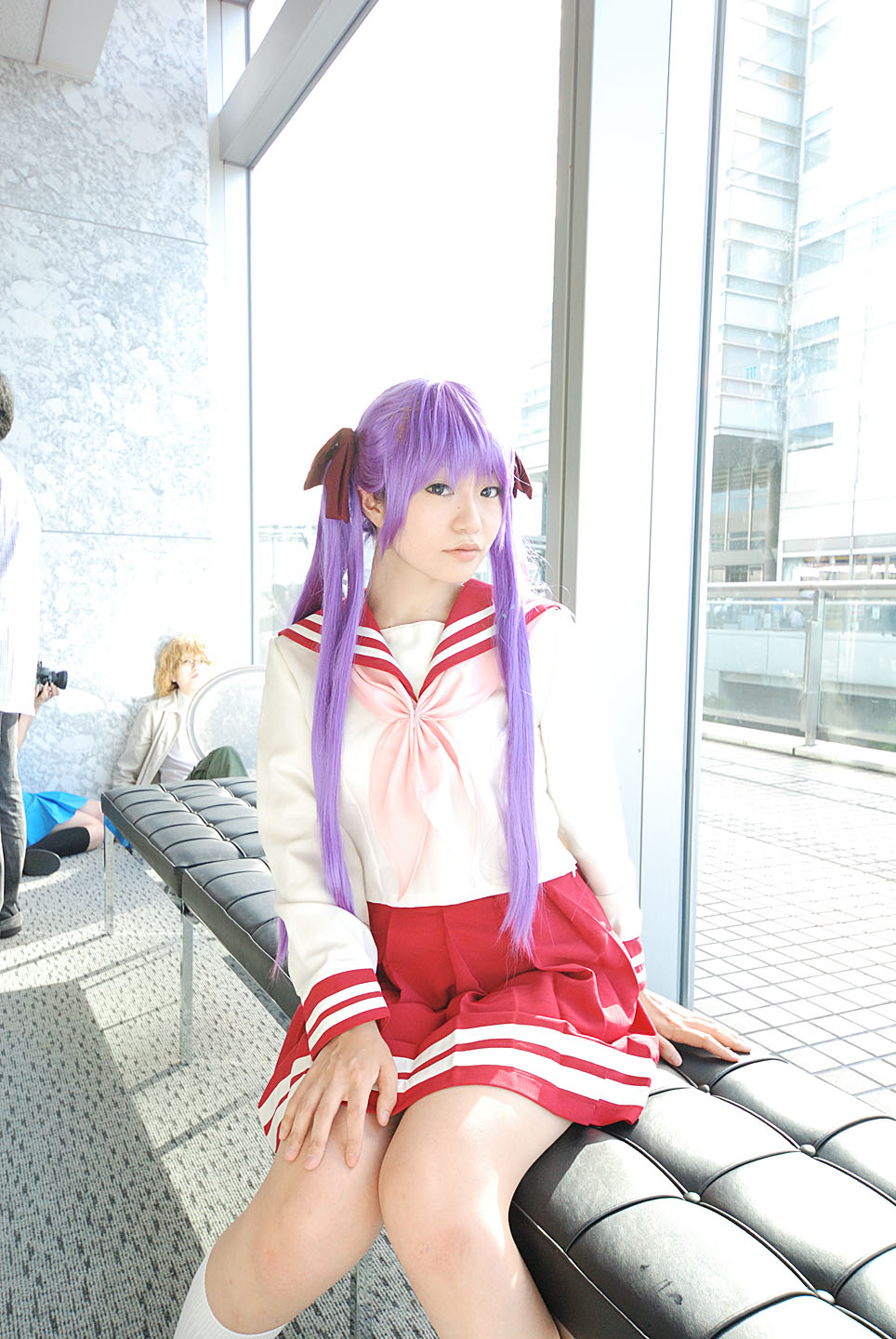 naito, hiiragi kagami, lucky star, highres, photo (medium), cosplay, hair ribbon, purple hair, ribbon, sailor, school uniform, serafuku, socks, twintails