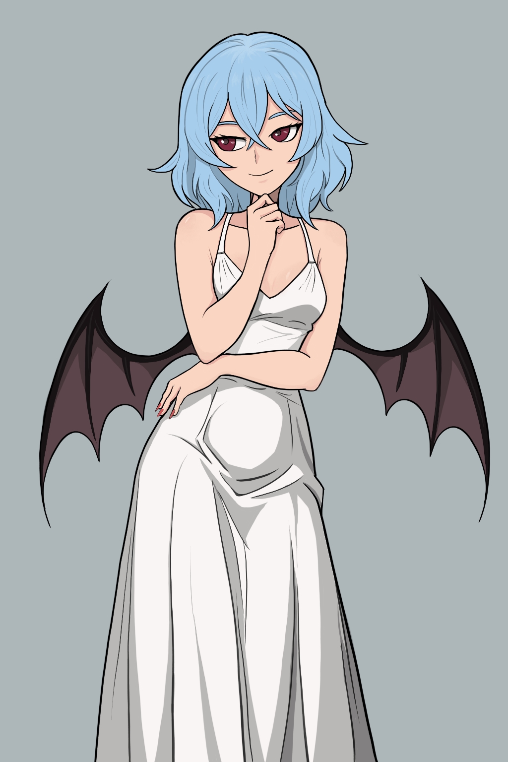 remilia scarlet, touhou, highres, 1girl, bare shoulders, bat wings, blue background, blue hair, breasts, dress, fingernails, nail polish, raised eyebrows, red eyes, red nails, redguard, short hair, smile, solo, white dress, wings
