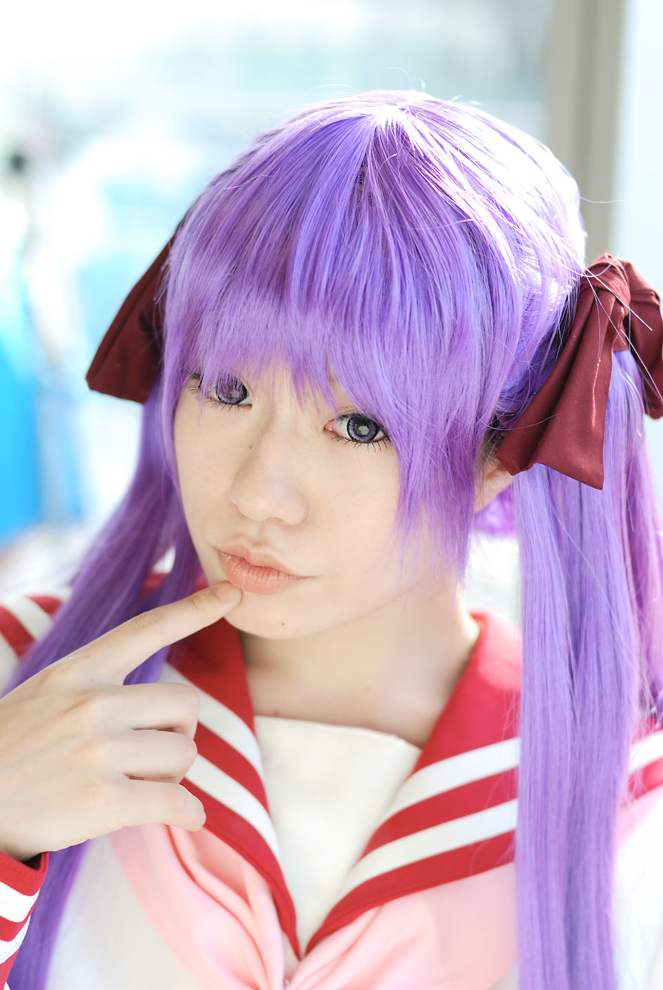 naito, hiiragi kagami, lucky star, highres, photo (medium), cosplay, hair ribbon, purple hair, ribbon, sailor, school uniform, serafuku, twintails