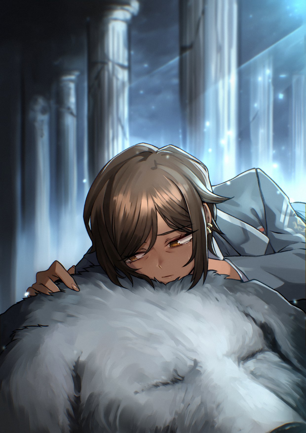 tresmarrow, outis (project moon), limbus company, project moon, highres, 1girl, animal ear fluff, brown hair, dark-skinned female, dark skin, death, dog, earrings, jewelry, lcb uniform (project moon), orange eyes, pet, sad, short hair, white fur
