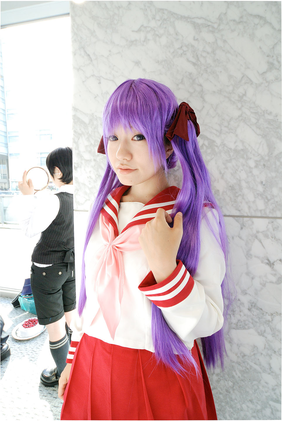 naito, hiiragi kagami, lucky star, highres, photo (medium), cosplay, hair ribbon, purple hair, ribbon, sailor, school uniform, serafuku, twintails