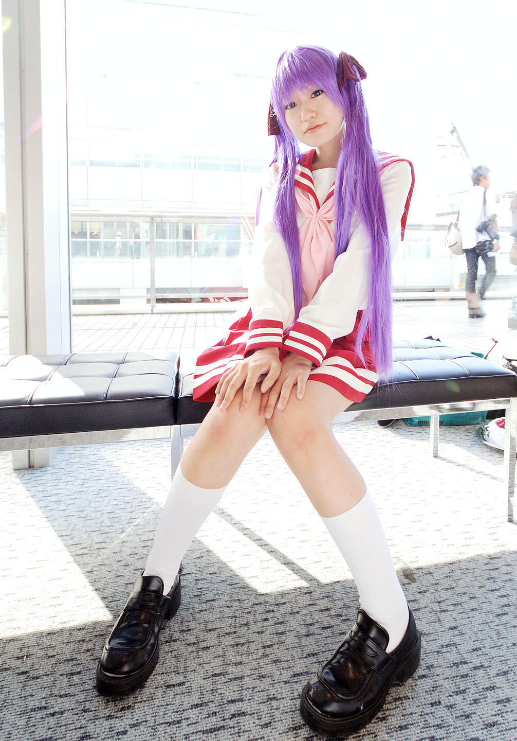 naito, hiiragi kagami, lucky star, highres, photo (medium), cosplay, hair ribbon, purple hair, ribbon, sailor, school uniform, serafuku, socks, twintails