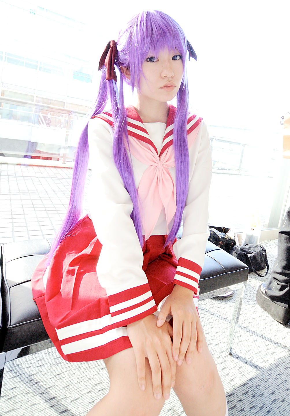 naito, hiiragi kagami, lucky star, highres, photo (medium), cosplay, hair ribbon, purple hair, ribbon, sailor, school uniform, serafuku, twintails