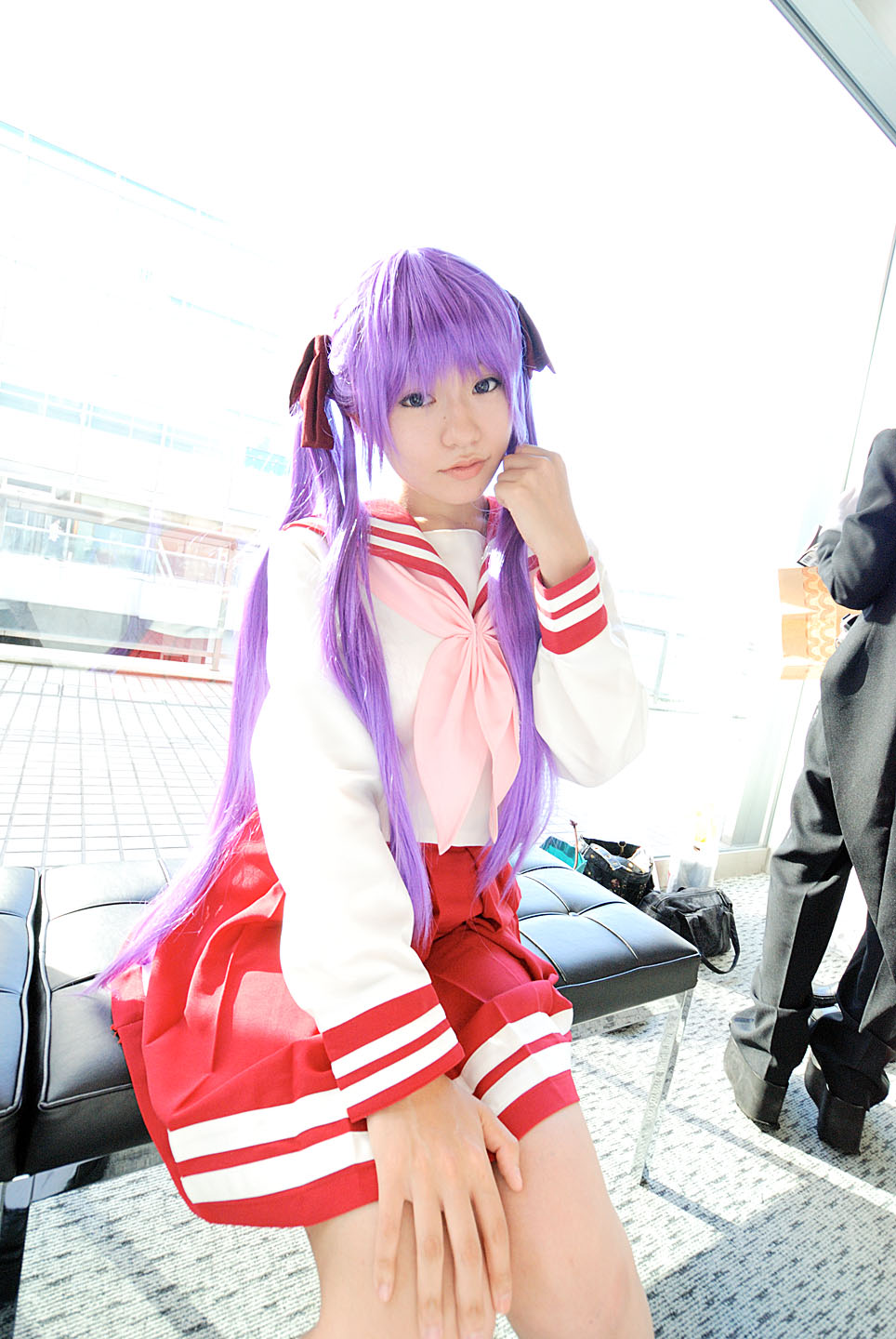 naito, hiiragi kagami, lucky star, highres, photo (medium), cosplay, hair ribbon, purple hair, ribbon, sailor, school uniform, serafuku, twintails