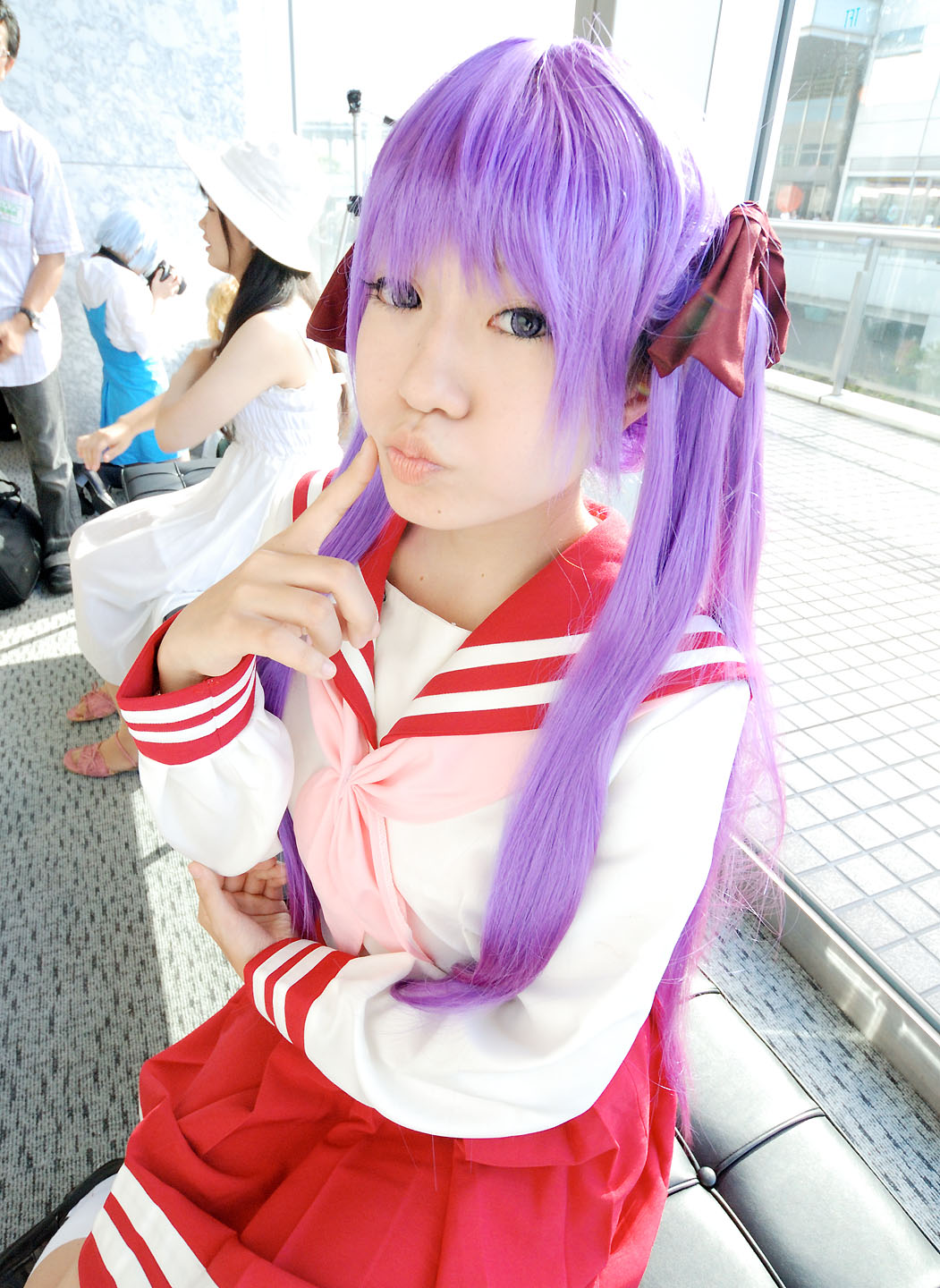 naito, hiiragi kagami, lucky star, highres, photo (medium), cosplay, hair ribbon, purple hair, ribbon, sailor, school uniform, serafuku, twintails