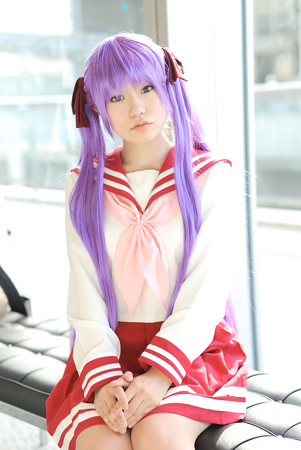 naito, hiiragi kagami, lucky star, highres, photo (medium), cosplay, hair ribbon, purple hair, ribbon, sailor, school uniform, serafuku, twintails