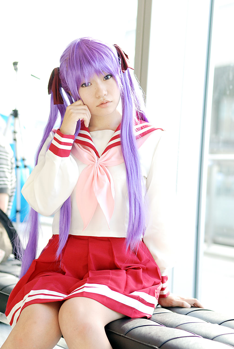 naito, hiiragi kagami, lucky star, highres, photo (medium), cosplay, hair ribbon, purple hair, ribbon, sailor, school uniform, serafuku, twintails