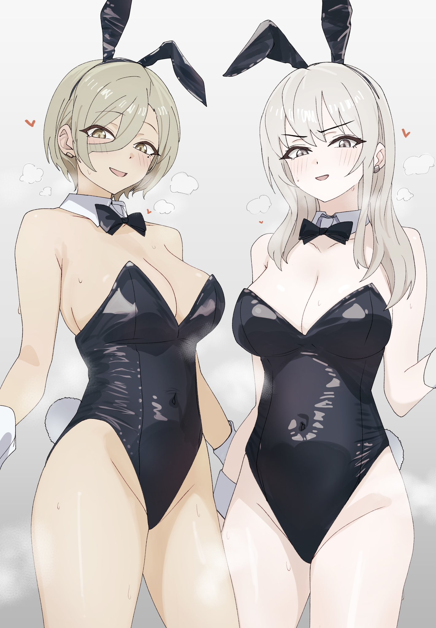 n nai nai n, kawaragi momoka, rupa (girls band cry), girls band cry, highres, 2girls, animal ears, black leotard, bow, bowtie, breasts, brown eyes, bunny day, cleavage, covered navel, cowboy shot, dark-skinned female, dark skin, detached collar, earclip, fake animal ears, gradient background, green hair, grey background, grey eyes, grey hair, hair between eyes, large breasts, leotard, light blush, long hair, looking at viewer, loving aura, mole, mole under eye, multicolored hair, multiple girls, open mouth, playboy bunny, rabbit ears, rabbit tail, raised eyebrows, roots (hair), shiny clothes, short hair, smile, steaming body, strapless, strapless leotard, sweat, tail, v-shaped eyebrows, white wrist cuffs, wrist cuffs