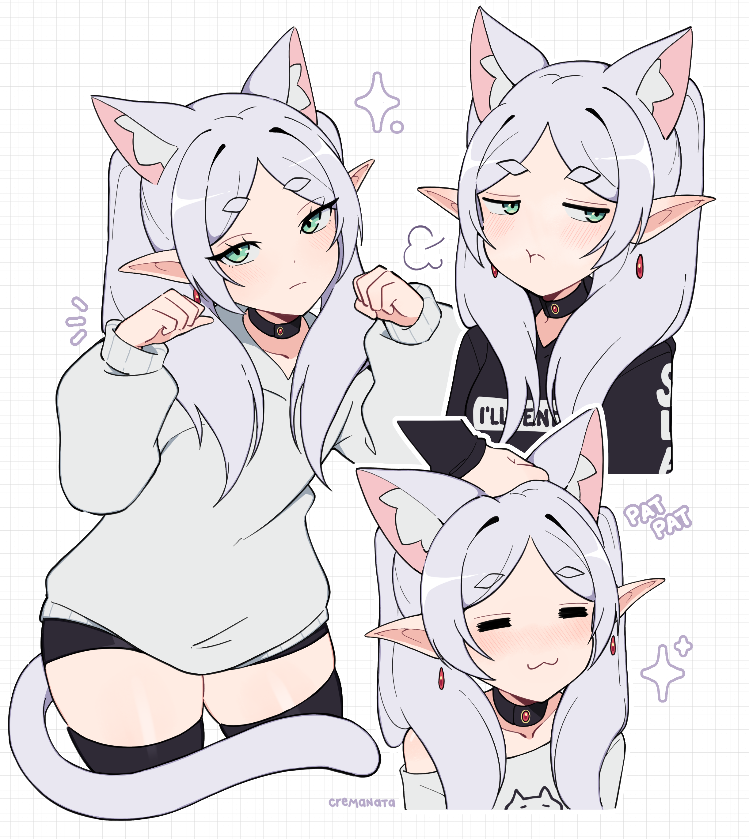 cremanata, frieren, sousou no frieren, absurdres, highres, 1girl, :3, = =, alternate costume, animal ears, artist name, black choker, black shirt, black shorts, black thighhighs, cat ears, cat girl, cat tail, choker, cropped legs, earrings, expressionless, floating earrings, green eyes, grid background, hair over shoulder, hands up, headpat, jewelry, jitome, long sleeves, looking to the side, micro shorts, multiple views, off-shoulder shirt, off shoulder, parted bangs, paw pose, petite, pointy ears, pout, shirt, shorts, sweater, tail, thick eyebrows, thighhighs, twintails, white hair, white sweater