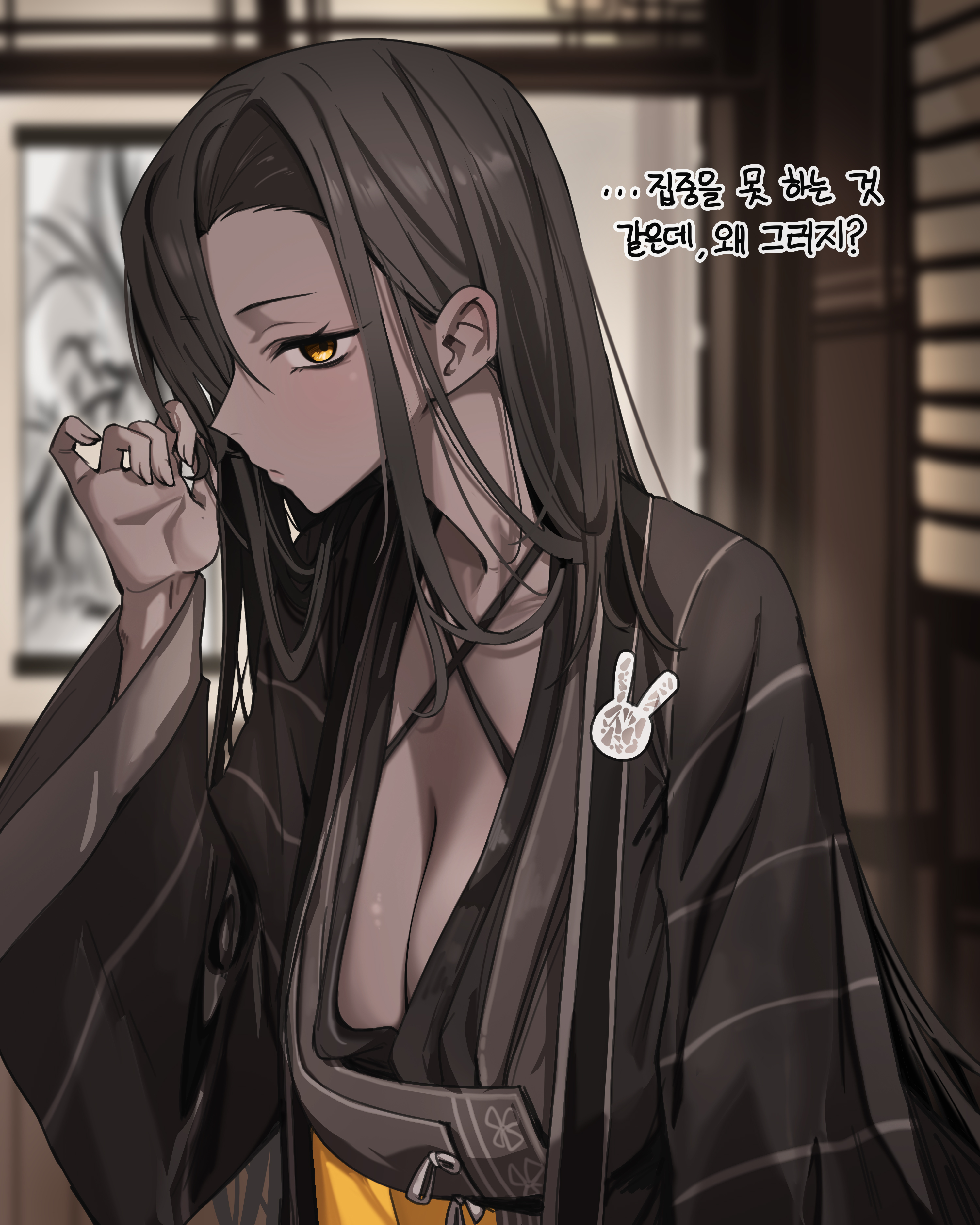 roan green, zilu (project moon), limbus company, project moon, absurdres, highres, 1girl, alternate costume, breasts, brown robe, chinese clothes, cleavage, dark-skinned female, dark skin, large breasts, long hair, long sleeves, orange eyes, robe, sidelocks