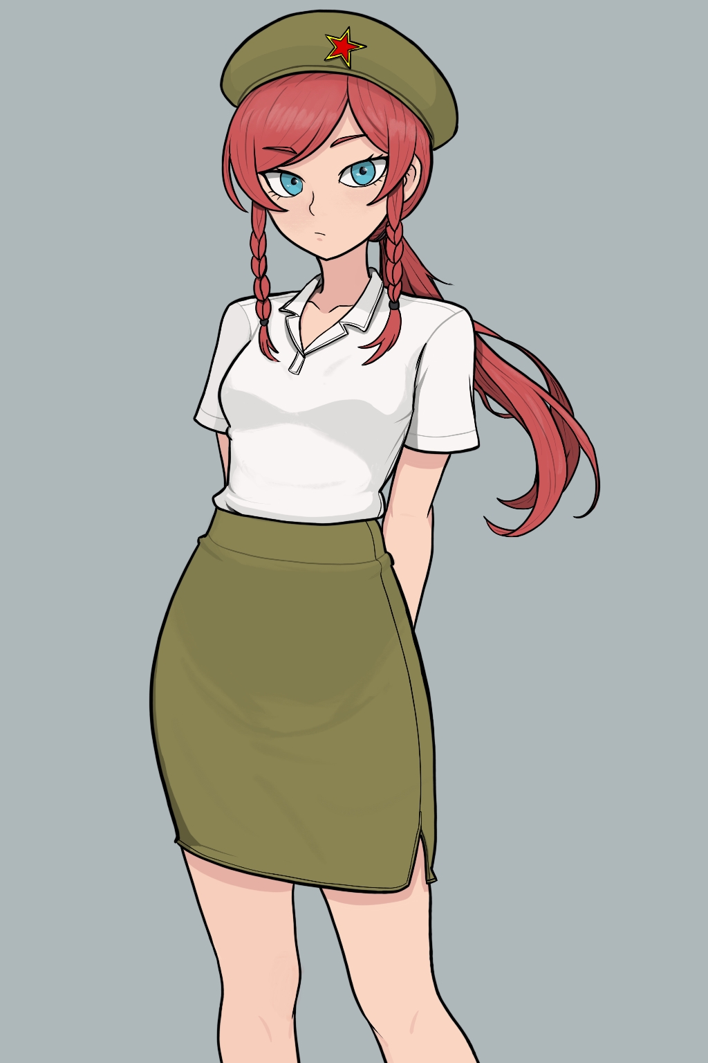 hong meiling, touhou, highres, 1girl, alternate costume, blue eyes, braid, breasts, green skirt, hat, long hair, low ponytail, neck, pencil skirt, ponytail, red hair, redguard, shirt, sidelocks, skirt, solo, star (symbol), thighs, twin braids, white shirt
