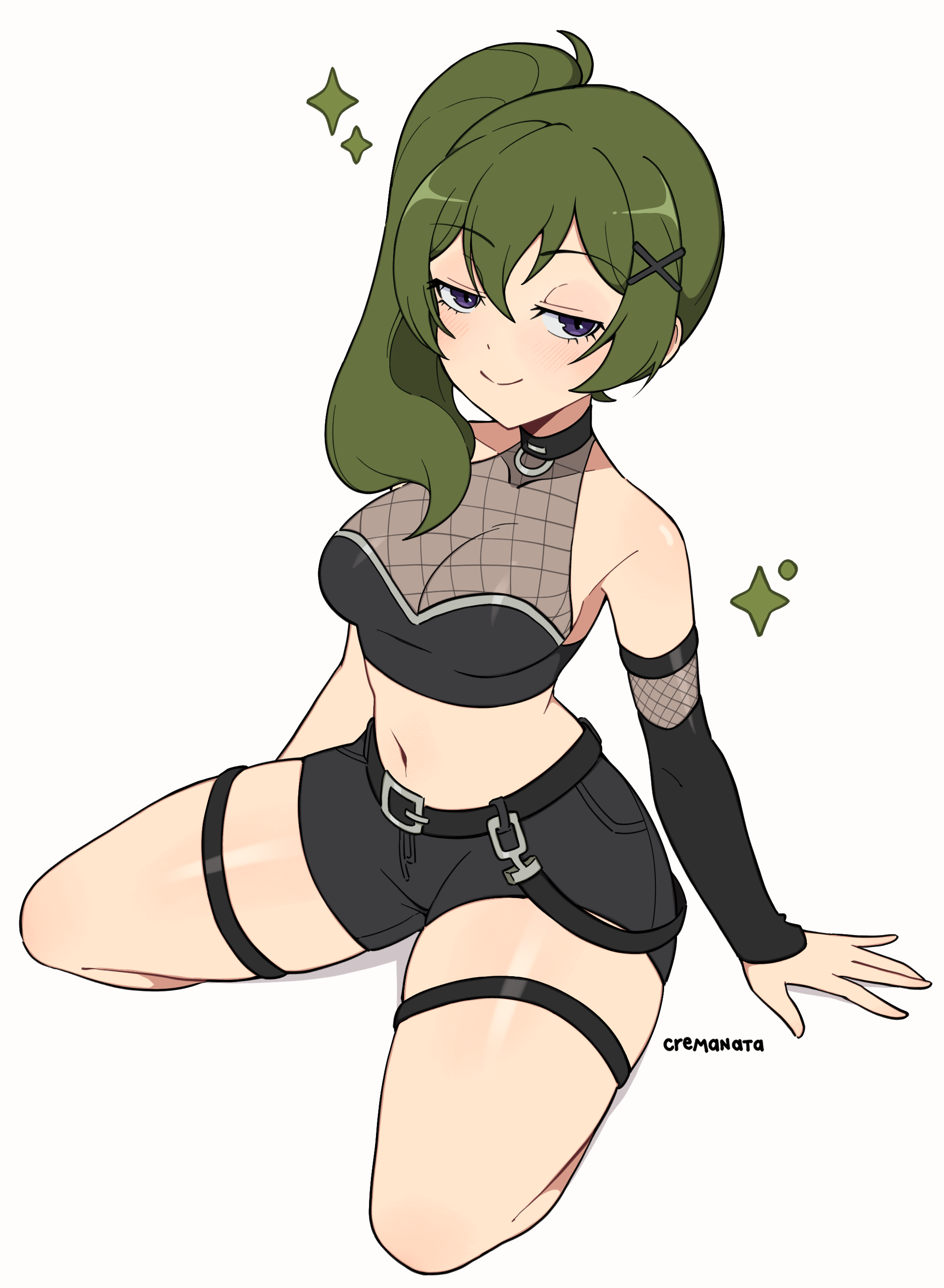 cremanata, ubel (sousou no frieren), sousou no frieren, absurdres, highres, 1girl, artist name, bare shoulders, belt, black belt, black choker, black shirt, black shorts, black sleeves, breasts, choker, cleavage, crop top, detached sleeves, green eyes, kneeling, large breasts, looking at viewer, narrowed eyes, navel, purple eyes, shirt, short shorts, shorts, side ponytail, simple background, sleeveless, sleeveless shirt, solo, thigh strap, white background