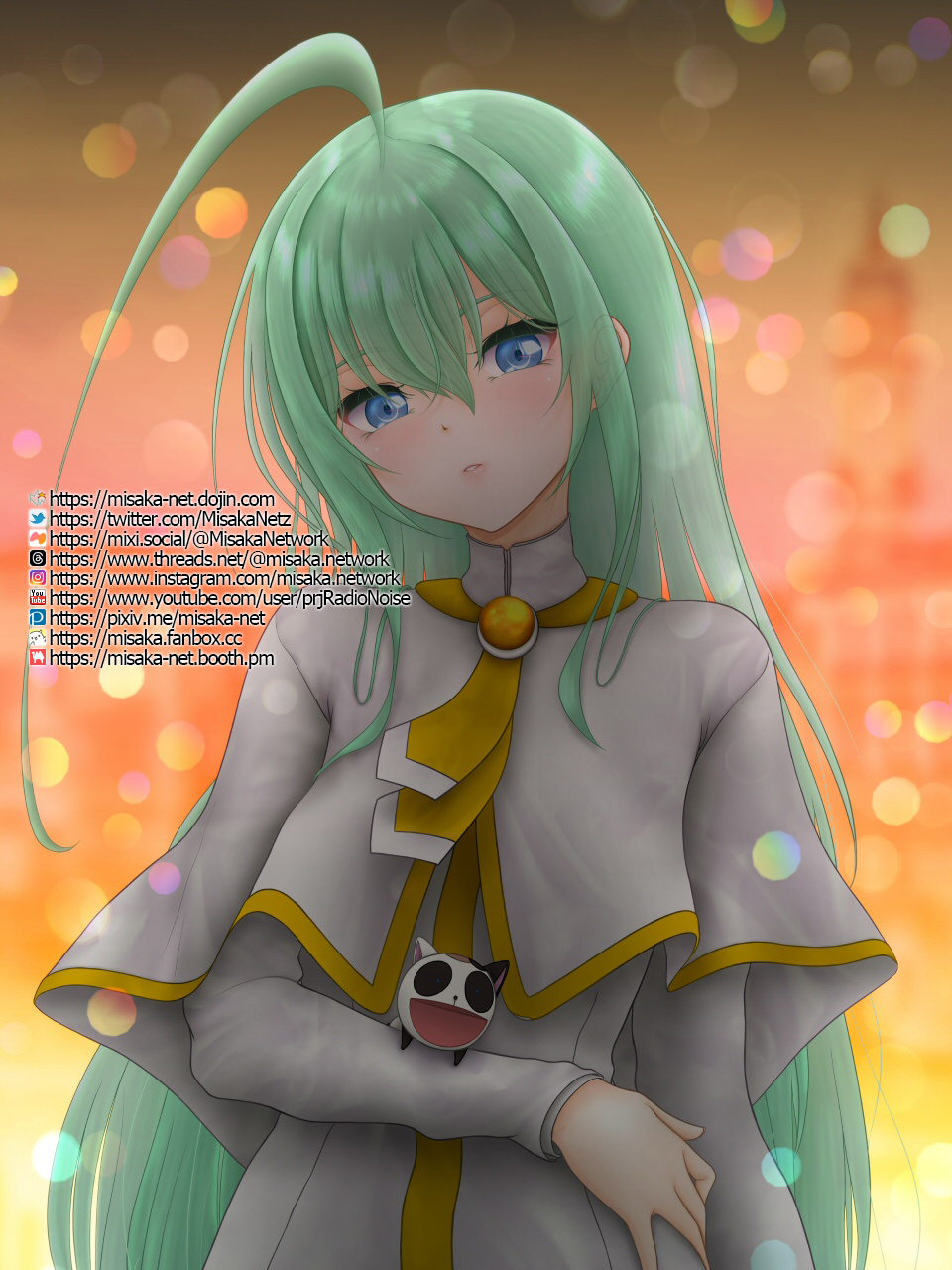 misaka-net, alice carroll, president maa, aria (manga), highres, 1girl, ahoge, aqua hair, blue eyes, blurry, blurry background, blush, capelet, dress, gold necklace, gold trim, gradient background, hair between eyes, holding, jewelry, long sleeves, looking at viewer, necklace, orange background, orange planet uniform, parted lips, upper body, white capelet, white dress