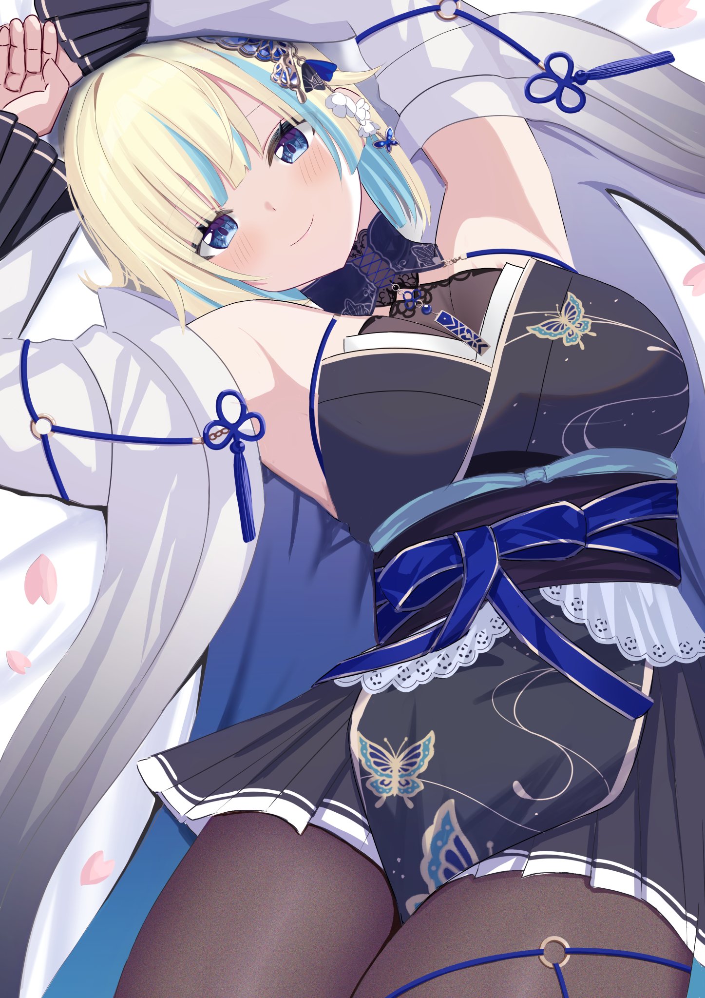 hetj5235, aizawa ema, aizawa ema (5th costume), vspo!, highres, 1girl, agemaki knot, animal print, aqua hair, aqua streaks, armpits, arms up, backless kimono, bare shoulders, black pantyhose, blonde hair, blue butterfly, blue eyes, blue kimono, blue sash, blush, breasts, bug, butterfly, butterfly earrings, butterfly hair ornament, butterfly print, colored inner hair, detached sleeves, dress, earrings, furisode sleeves, hair ornament, halter dress, halterneck, haori, insect, japanese clothes, jewelry, kimono, kimono dress, large breasts, long sleeves, looking at viewer, miniskirt, multicolored hair, o-ring, pantyhose, pleated skirt, pleated sleeves, sash, see-through cleavage, see-through clothes, short hair, skirt, sleeveless, sleeveless kimono, smile, solo, streaked hair, tassel, virtual youtuber, white haori