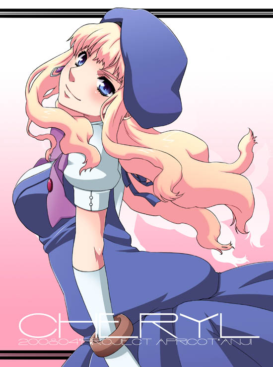 iuro, kuroo (project apricot), sheryl nome, macross, macross frontier, 00s, blonde hair, blue eyes, earrings, gloves, hat, jewelry, long hair, smile, solo