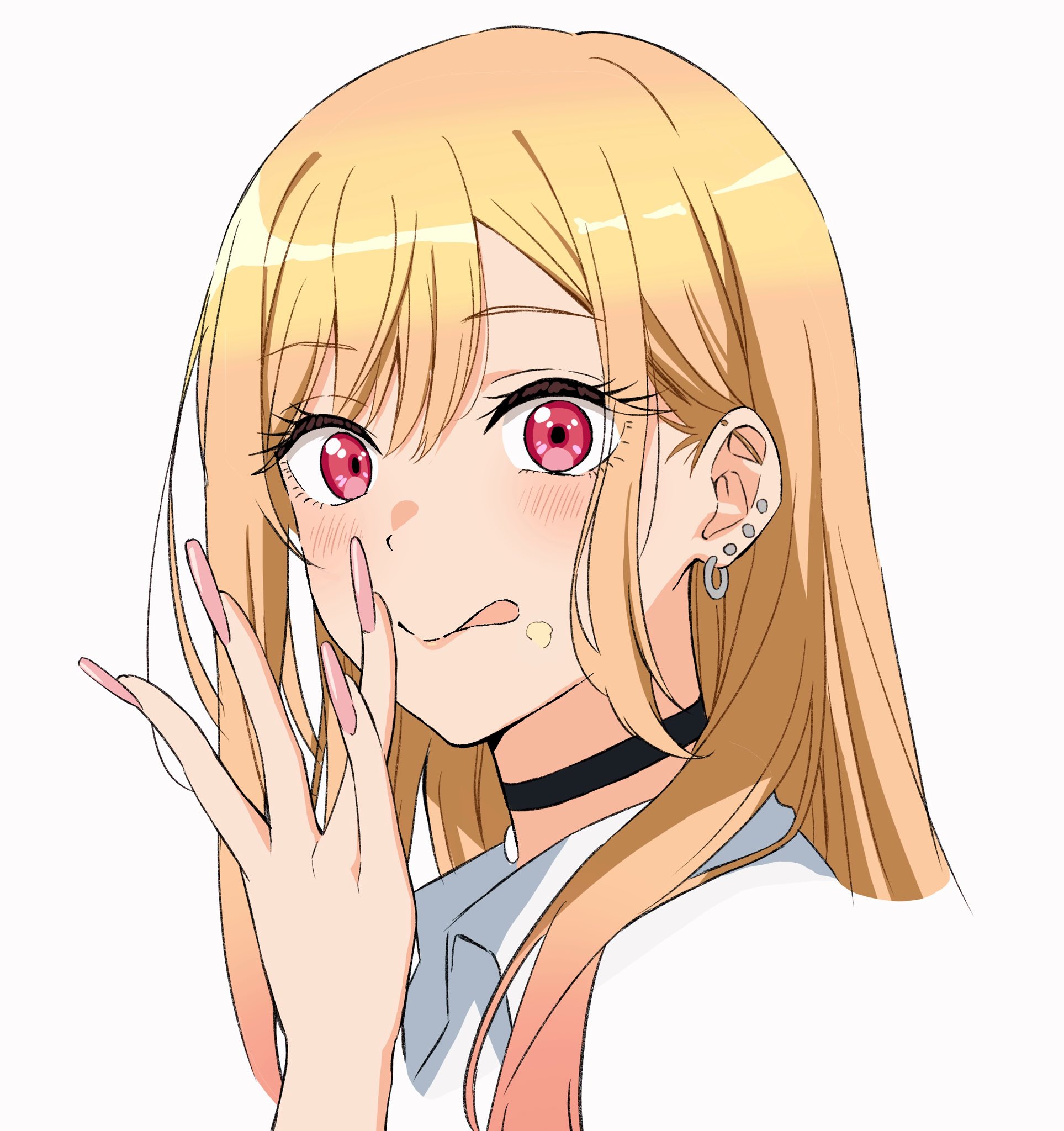 andanden, kitagawa marin, sono bisque doll wa koi wo suru, highres, 1girl, black choker, blonde hair, blush, choker, closed mouth, collared shirt, ear piercing, earrings, food, food on face, gradient hair, hand up, jewelry, licking lips, looking at viewer, multicolored hair, piercing, pink nails, portrait, red eyes, shirt, sidelocks, simple background, solo, tongue, tongue out, white background, white shirt