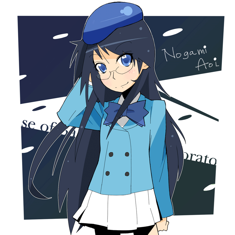 narju, nogami aoi, zettai karen children, 00s, 1girl, adjusting hair, beret, blue eyes, blue hair, bow, female focus, hat, long hair, matching hair/eyes, school uniform, serafuku, skirt, smile, solo, very long hair