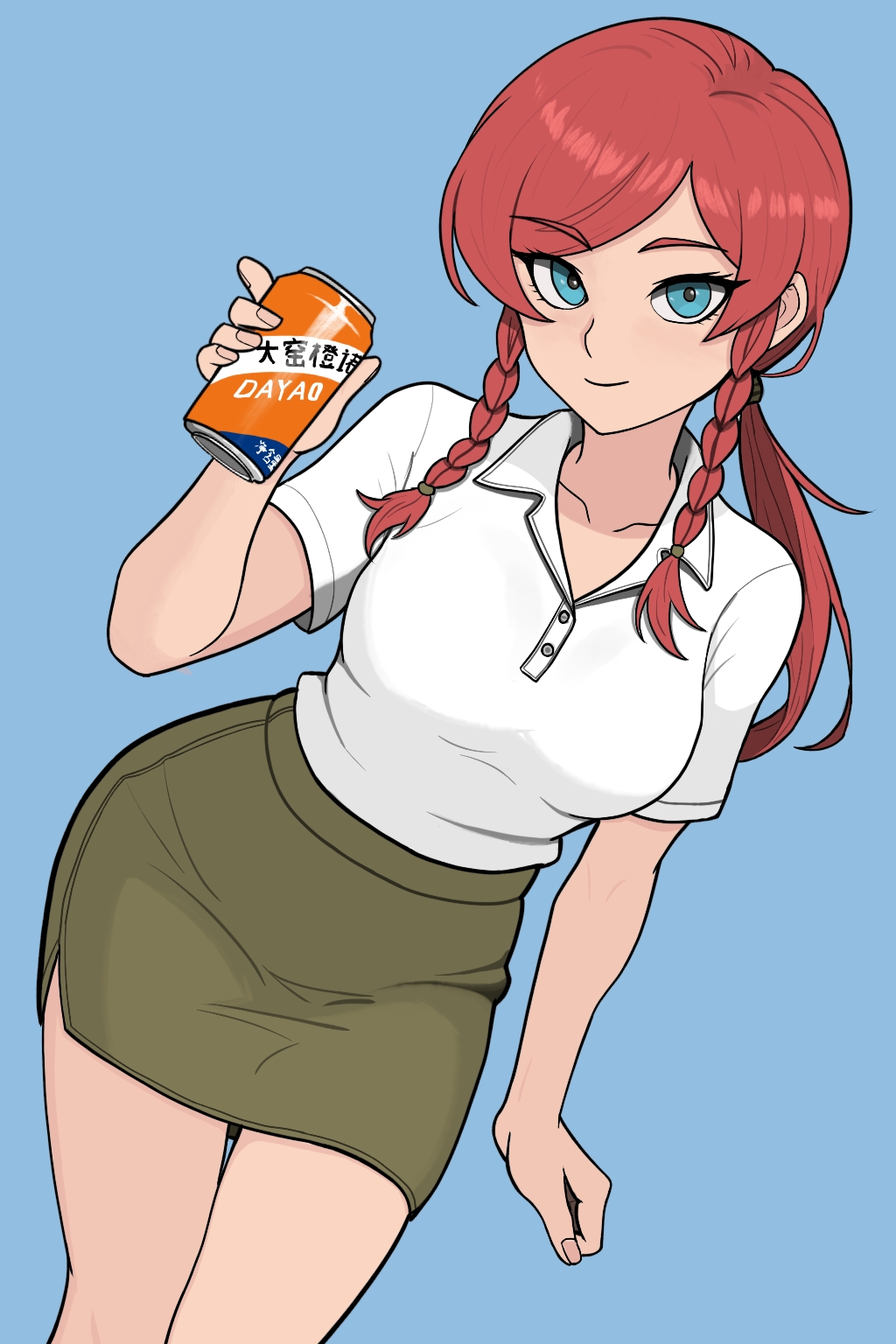 hong meiling, touhou, highres, 1girl, alternate costume, bare shoulders, blue background, blue eyes, braid, breasts, buttons, can, collarbone, contemporary, drink can, fingernails, green skirt, light smile, long hair, low ponytail, neck, nose, pencil skirt, ponytail, redguard, skirt, smile, soda, soda can, solo, thighs