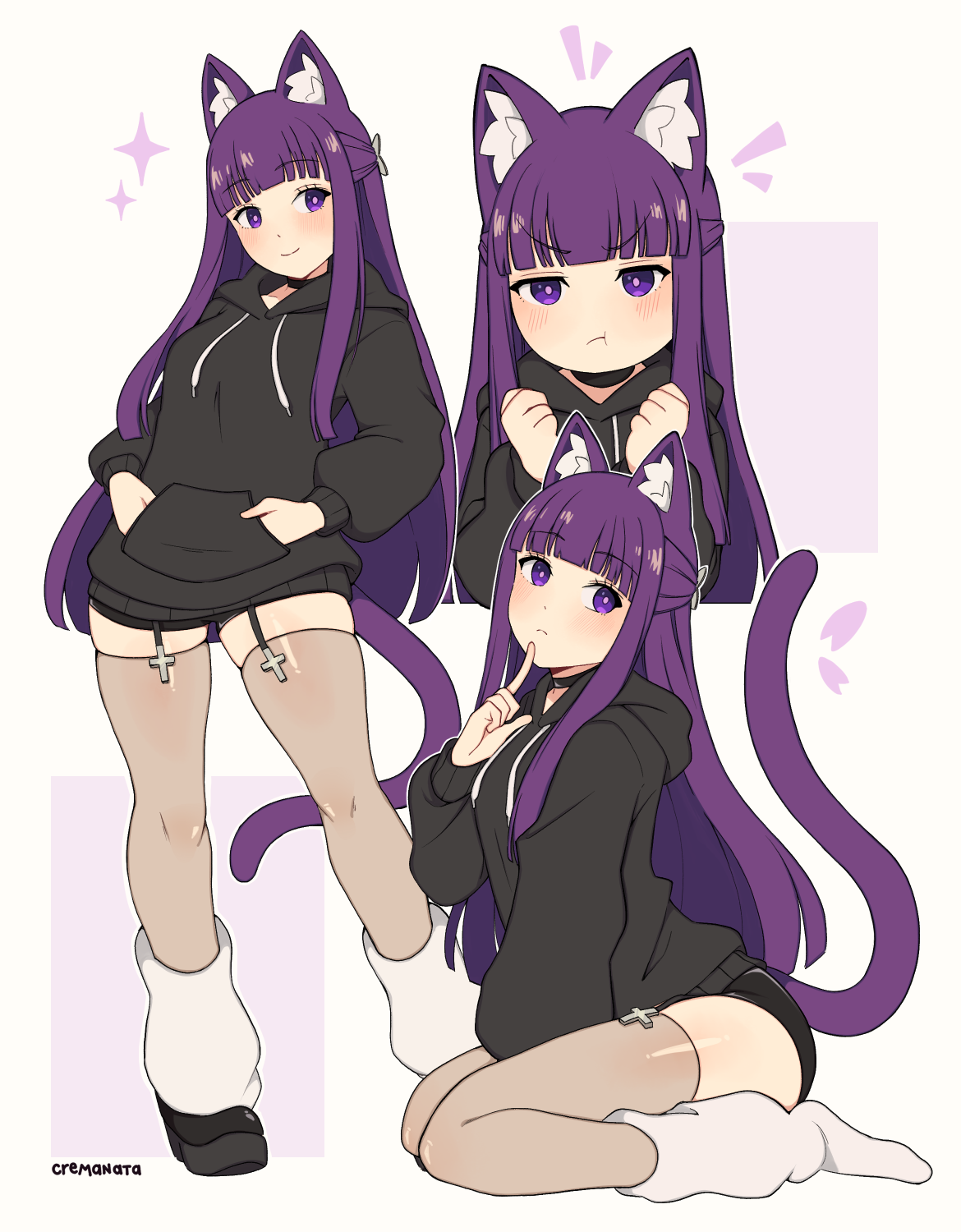 cremanata, fern (sousou no frieren), sousou no frieren, highres, 1girl, angry, animal ears, arm between legs, artist name, black choker, black hoodie, black shorts, blush, bright pupils, cat ears, cat girl, cat tail, choker, clenched hands, closed mouth, full body, half updo, hands in pockets, hood, hoodie, long hair, looking to the side, looking up, multiple views, pout, purple eyes, purple hair, shoes, short shorts, shorts, simple background, smile, socks, sparkle, standing, tail, thighhighs, thighs, very long hair, white background, white pupils, white socks